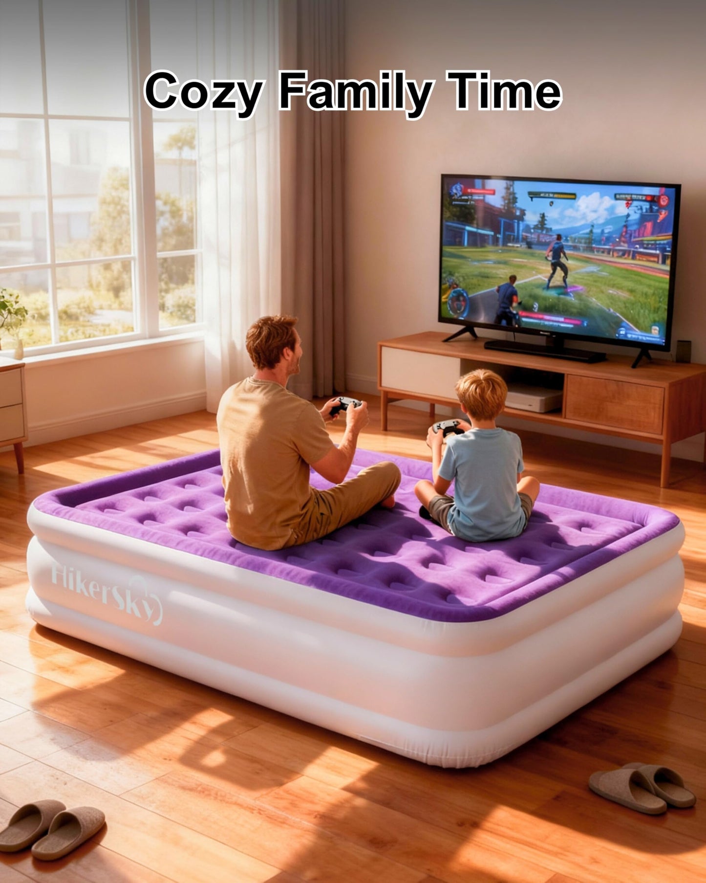 HikerSKY Full Air Mattress with Built in Pump, Inflatable Mattress for Home, Blow up Air Bed 3 Min Quick Inflation and Deflation, Thin Velvet Top, 18'' Full Size Purple