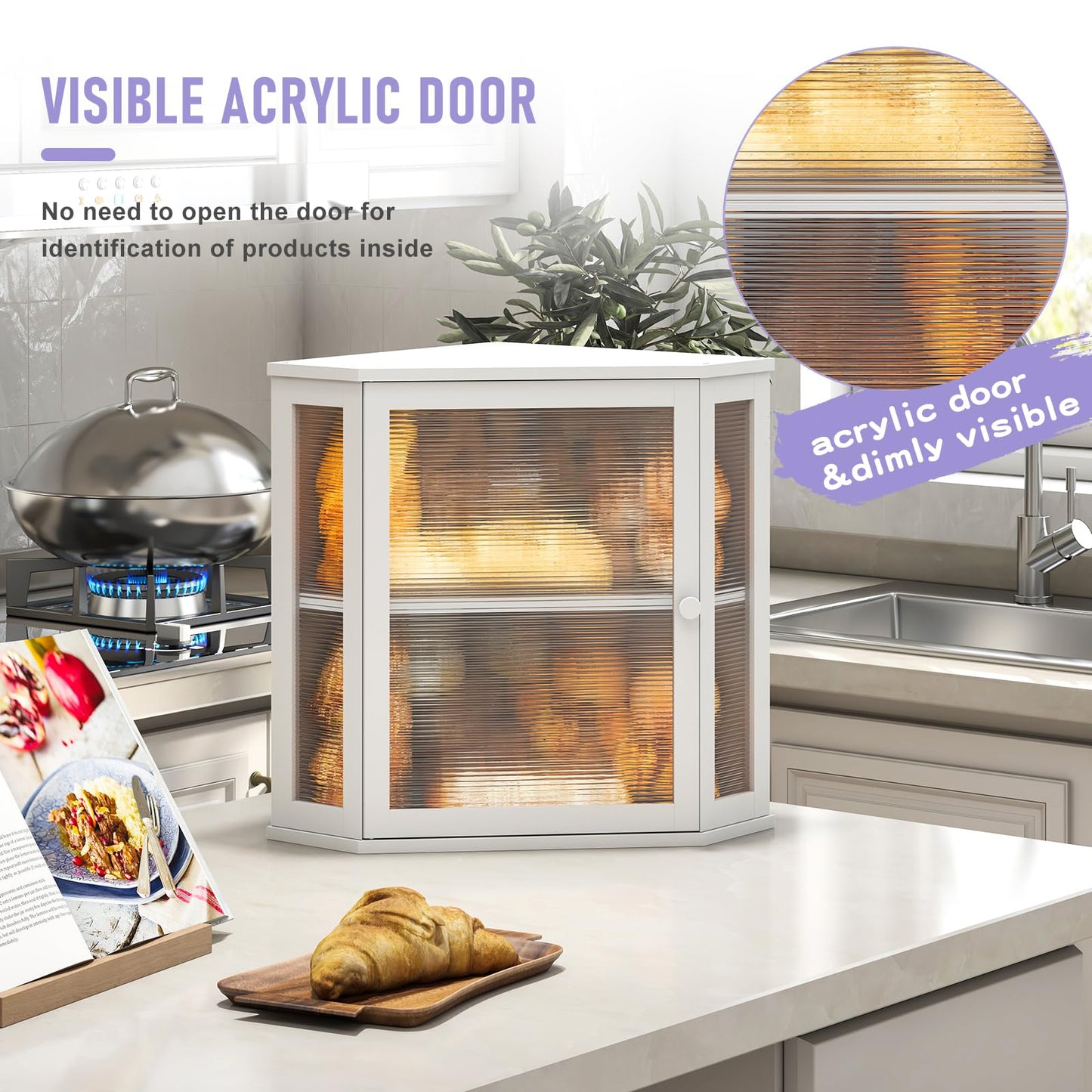 Wieghda Corner Bread Box for Kitchen Countertop, Farmhouse Style with Acrylic Wavy Door Panel White Counter Bread boxes, Extra Large Food Storage Container