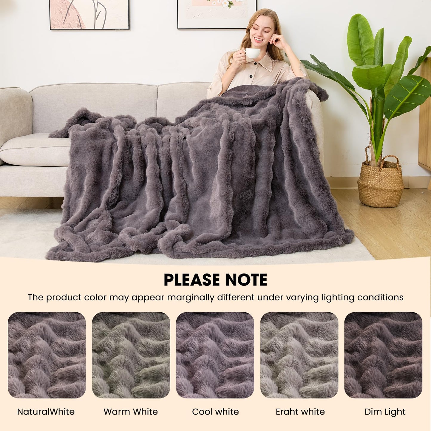 Fotgear Heated Blanket Electric Throw - Soft Cozy Faux Fur Bubble Electric Blankets with 6 Time Settings, 8 Heating Levels, Fast Heating & Overheat Protection, Machine Washable (59" x 79", Gray)