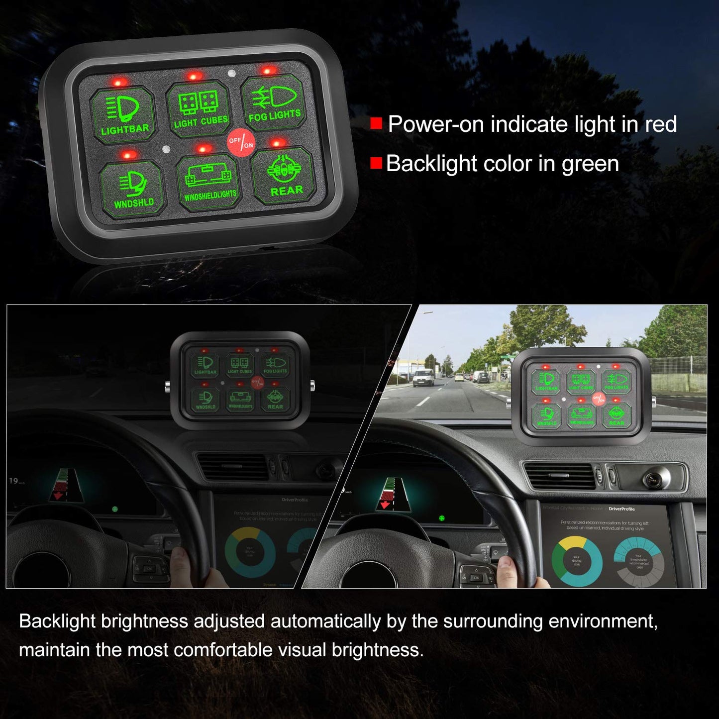 6 Gang Switch Panel, Auto Power Plus Automatic Dimmable Switch Pod Panel Circuit Control Box Relay System Universal Touch Switch Box with Harness Label Sticker for Car Marine Boat ATV UTV Truck