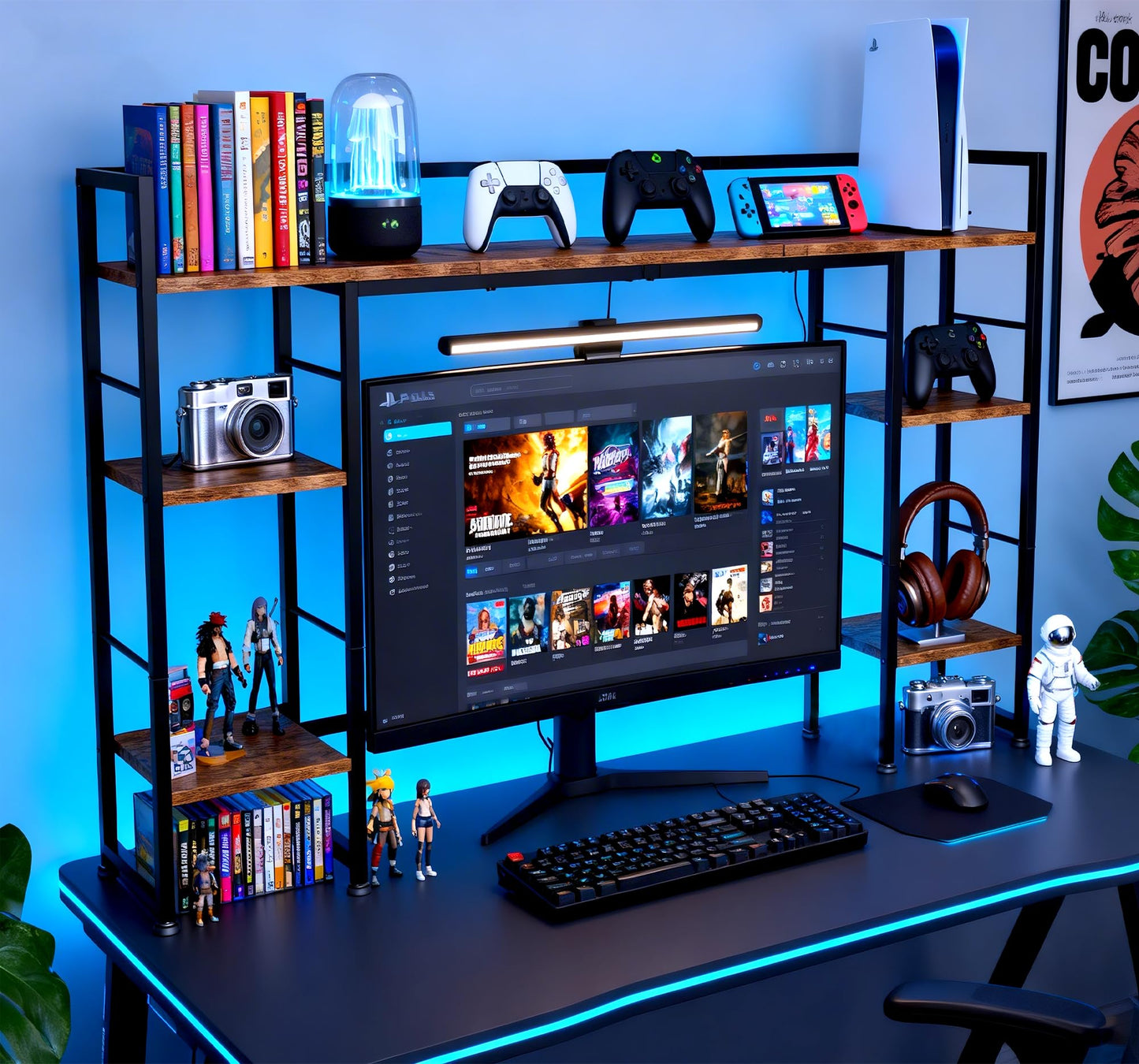 ZIFTY 39.4" Desktop Bookshelf Countertop Storage Hutch with 8 Shelves for Monitor up to 24", Large Desk Bookcase Organizer Display Shelf Rack for Computer Desk, Home Office Dorm Home Anti-tip Device
