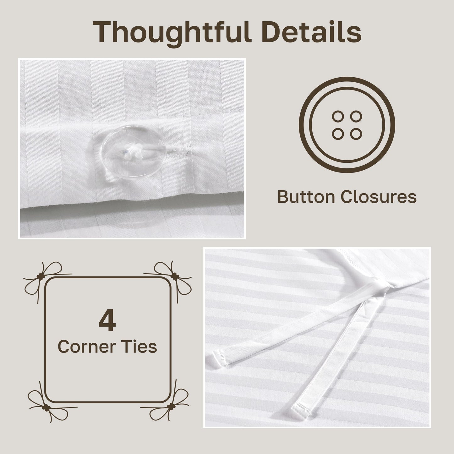 California Design Den Striped White Duvet Cover King Size Only - Premium 400 Thread Count, 100% Cotton Sateen, Button Closure & Corner Ties - White