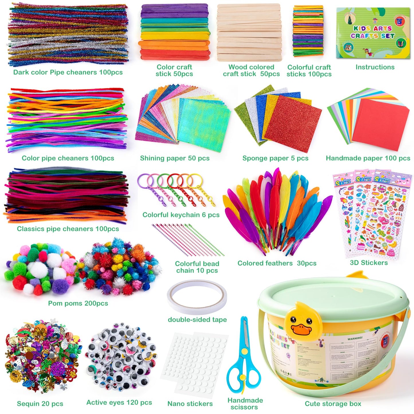 Sundaymot Kids Arts and Crafts Set with Pipe Cleaners, Pom Poms, Googly Eyes, Feathers, Craft Sticks, Glitter Paper, and Stickers