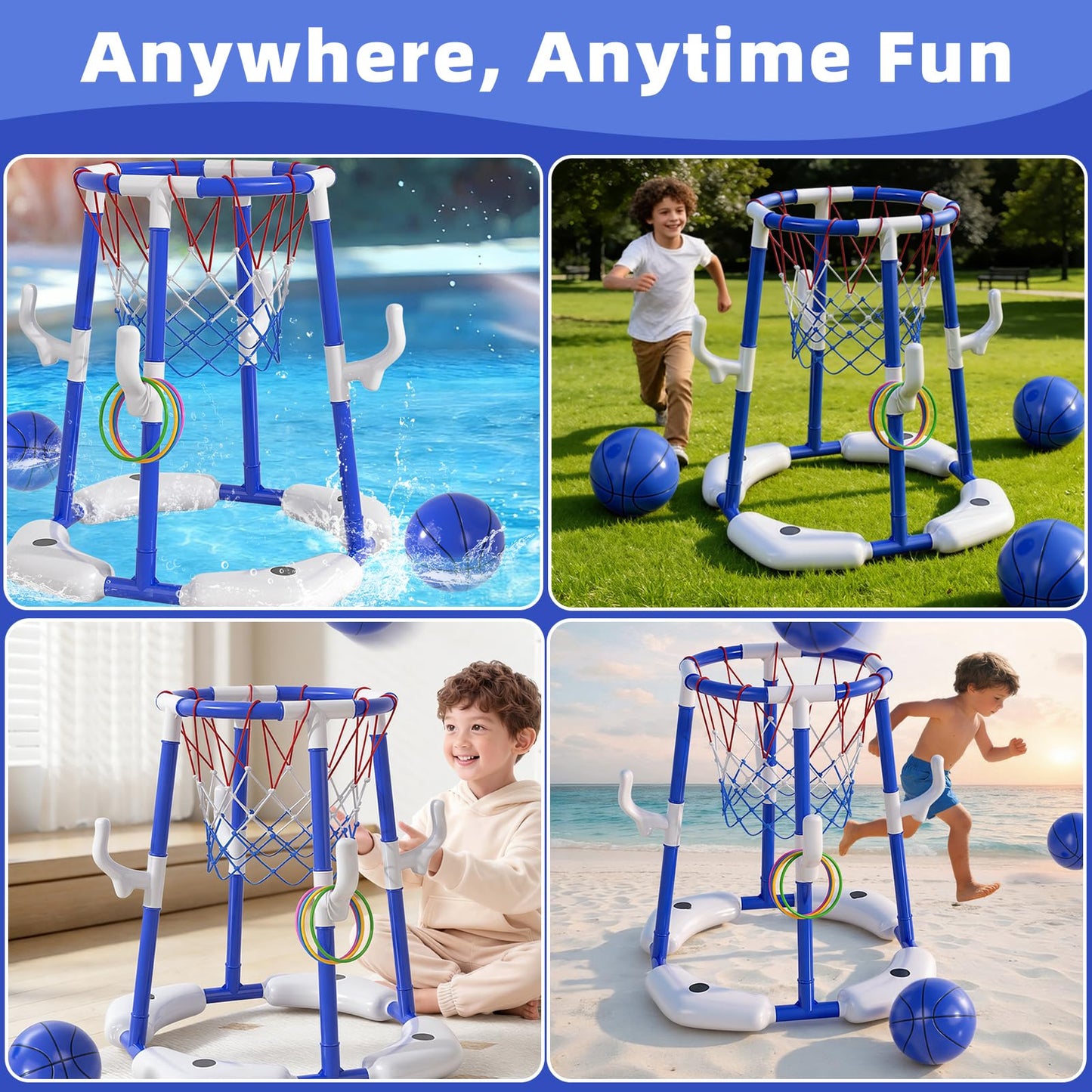 BLmukce Pool Basketball Hoop for Kids 4-8 & 8-12 Years Old - 2-in-1 Floating & Above Ground Water Game with 4 Balls, 12 Rings & Pump, Outdoor Play Swimming Pool Toy for Adult Summer Party (Blue)