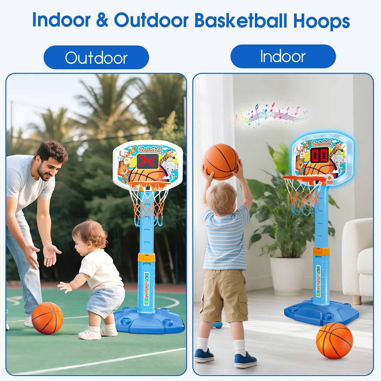 Toddler Basketball Hoop Indoor for Age 1-3, Kids Basketball Hoop with Led Light Scoreboard, Adjustable Basketball Goal with 3 Balls, Outdoor Sport Toy for 1 2 3 4 Year Old Baby Boy Girl Birthday Gift