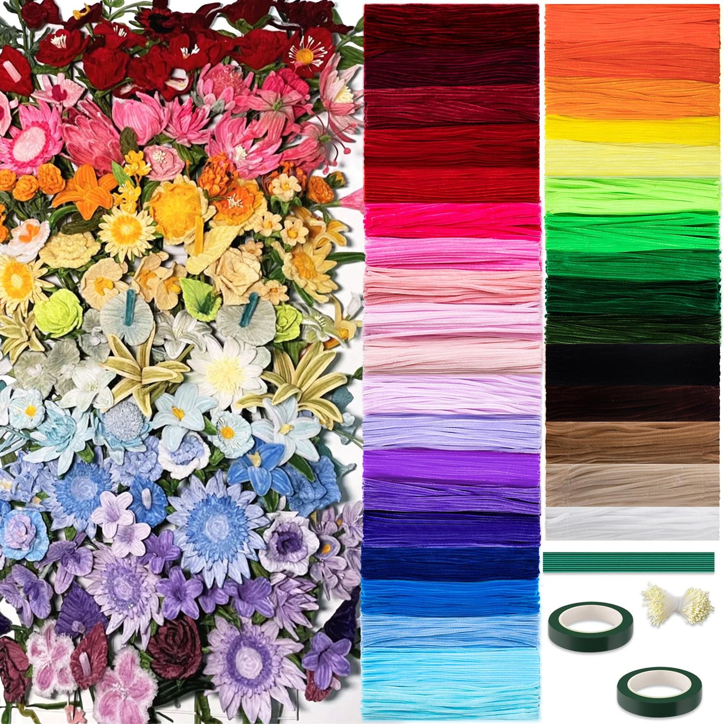 Peryiter 3600 Pcs 12 Inch Craft Pipe Cleaners Fluffy Chenille Stems Bulk with 50 Flower Stems 4 Rolls Floral Tape and 350 Yellow Stamens for DIY Art Projects Creative Gift Wrapping Party Decorations