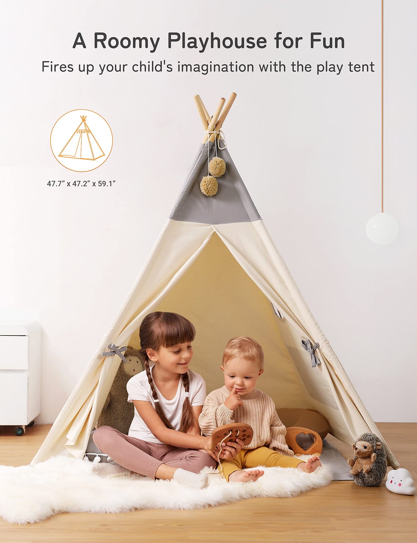 besrey Teepee Tent for Kids with Light & Mat, Toddler Tents Indoor Play Tent Playhouse, Toddler Tipi Cotton, tee Pee Tents for Kids Indoor, Boys & Girls Teepee,Children Room Playhouse