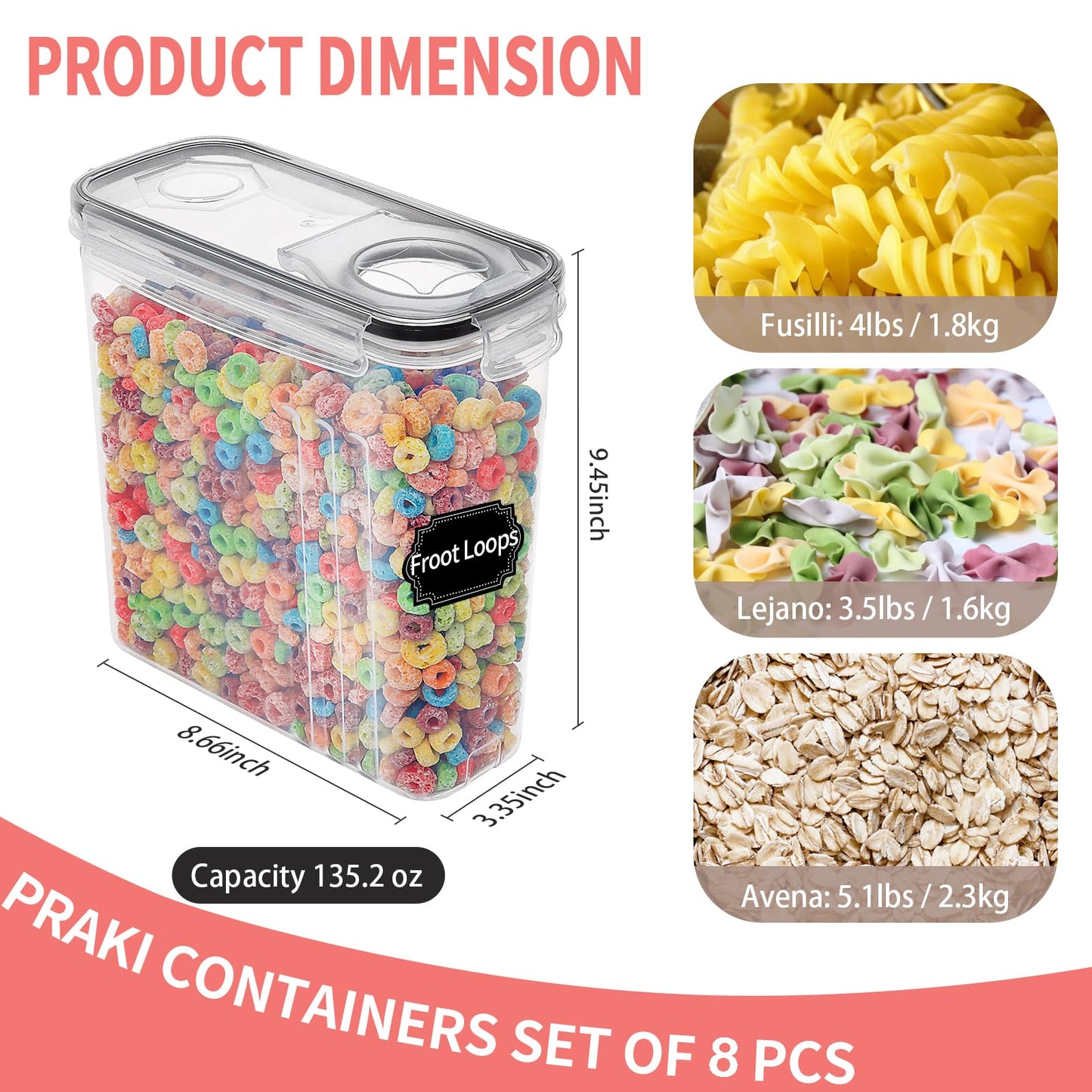 PRAKI Cereal Containers Storage Set (4L,135.2 Oz), 8PCS Airtight Food Storage Containers with Lids for Kitchen & Pantry Organizers and Storage, Cereal Dispensers with 20 labels, Measuring Cup & Marker