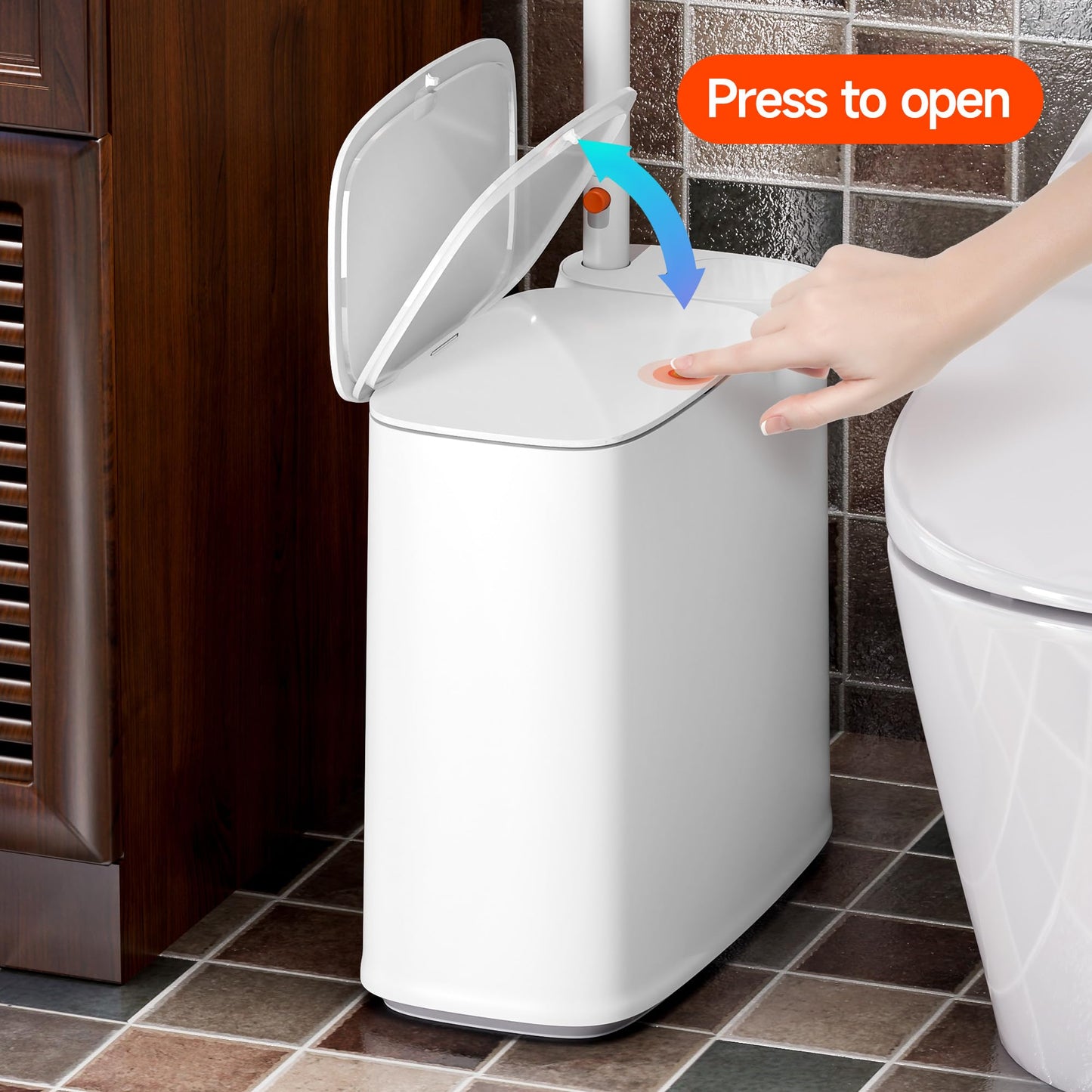 CTIME Bathroom Trash Can Set - Narrow White Plastic Small Trash can, a Toilet Wand, Toilet Brush Holder and 36 Refills, 2 Gallon Trash can with pop-up lid, Suitable for bathrooms and Small Toilets.