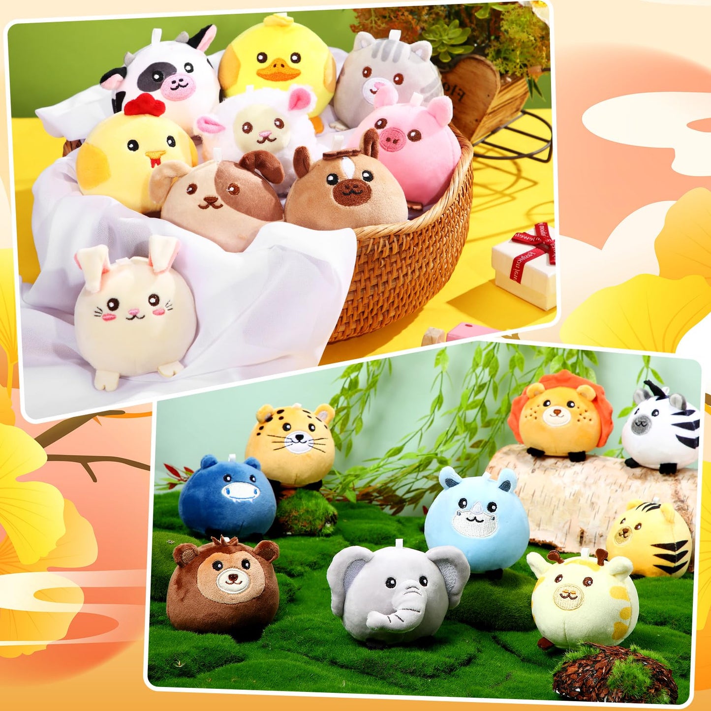 Halloscume 18 Pcs Mini Stuffed Animals Bulk 3.15 Inch Small Plush Forest Farm Jungle Animal Toys Keychains Set for Birthday Gifts Easter Egg Fillers Basket Stuffers School Prizes Party Favors