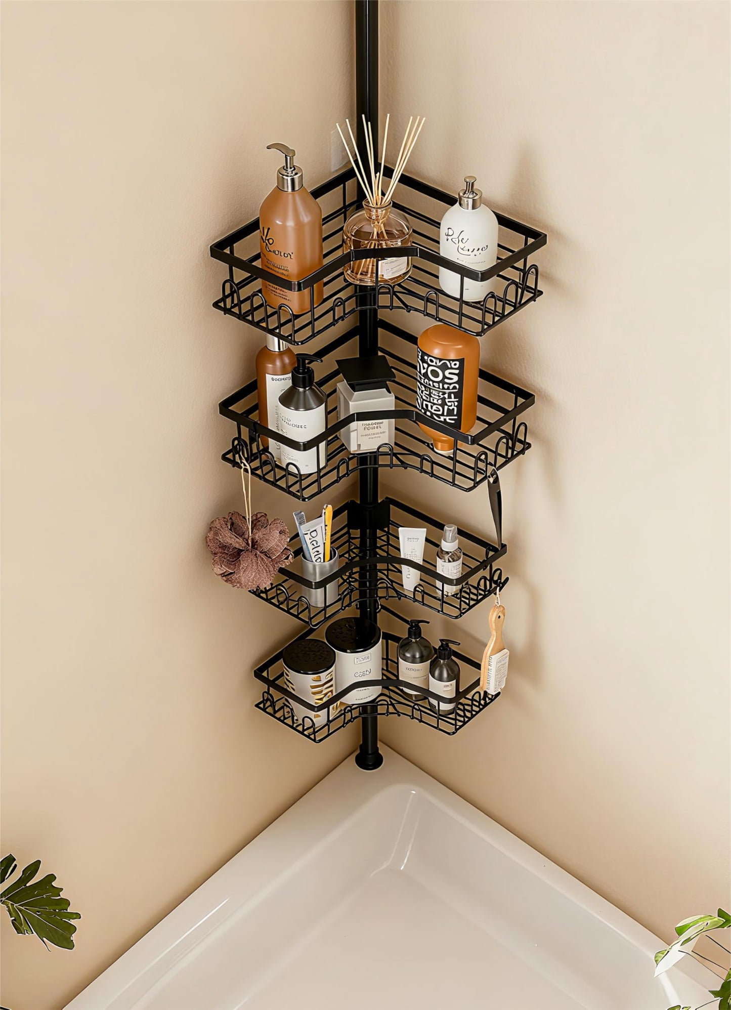 HouseUp Corner Shower Caddy Tension Pole - 4-Tier Shower Corner Shelf for Bathtub Bathroom Shower Organizer - Adjustable 34in-120in, Space Saving Bathtub Accessory Shelves, Black
