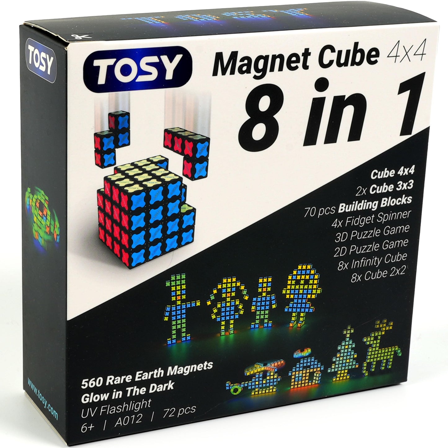 TOSY Magnet Cube 4x4 - 560 Magnets, 70 Blocks, 8in1 Toy: 4th of July Decorations, Puzzle Cube, STEM Building Blocks, Transformable Fidget Spinner, Infinity Cube, Magnet Tiles, UV Flashlight, Glowing