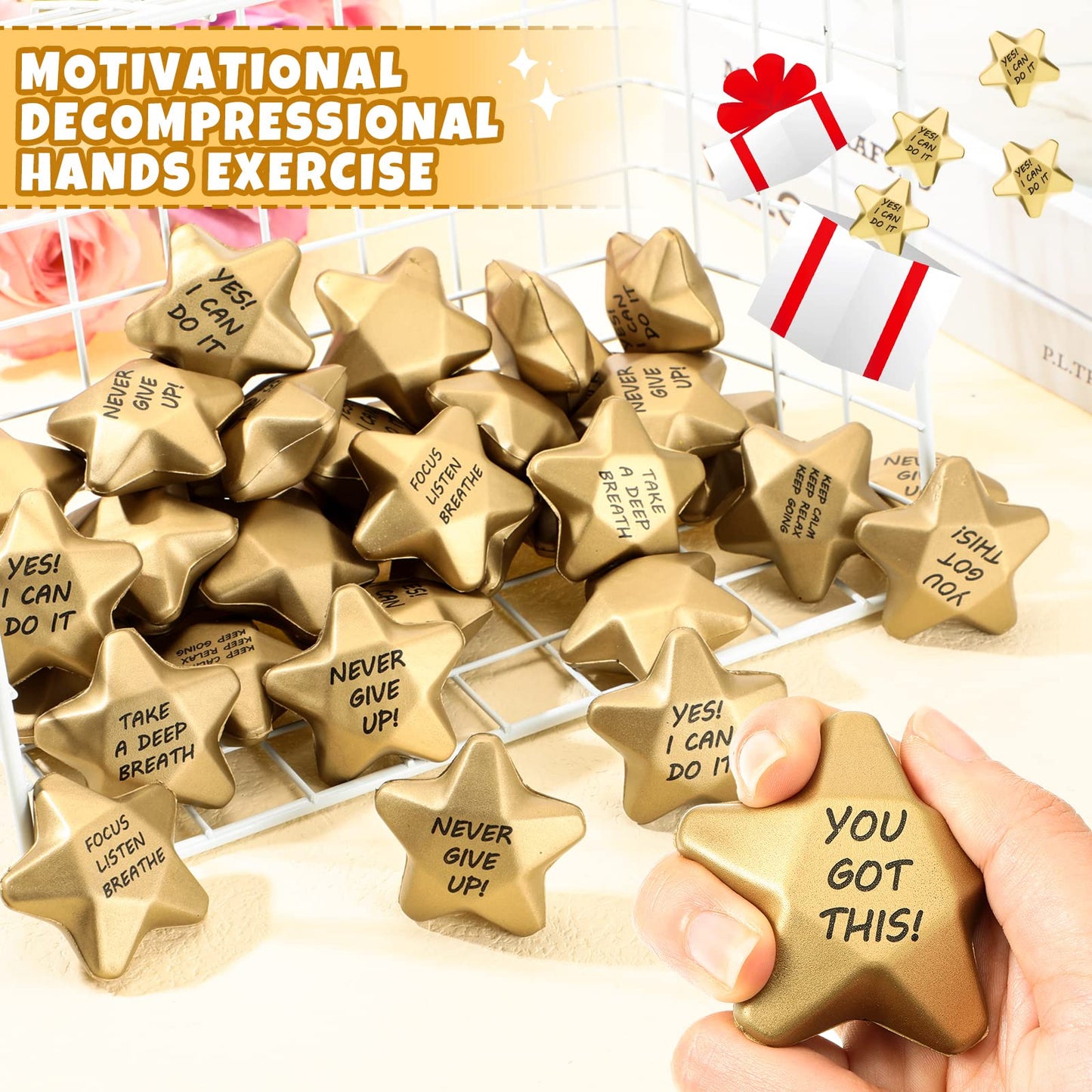 Deekin 72 Pieces 1.6 Inch Star Stress Balls Mini Foam Stress Relief Toys for Teens, Adults, Student Prizes, Party Bag Fillers(Motivational Style)