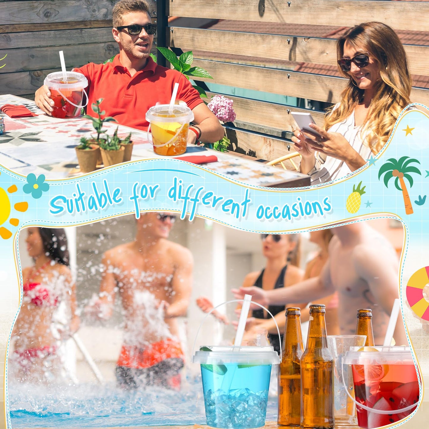 Funnymoom 50 Set 24oz Clear Plastic Drink Buckets with Lids and Straws Disposable Iced Coffee Cups Rum Buckets for Cocktail Parties Smoothie Cup Bulk with Handles for Beach Pool Party Supplies