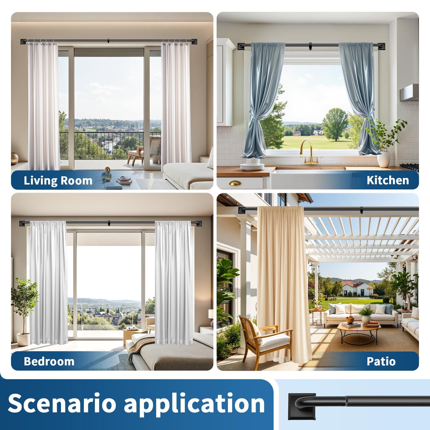 Black Curtain Rods for Windows 66-152Inch(5.5-12.7ft) Heavy Duty Wrap Around Blackout Curtain Rods, Extra Long Adjustable Room Darkening Drapery Rod for Bedroom, Living Room & Outdoor Patio