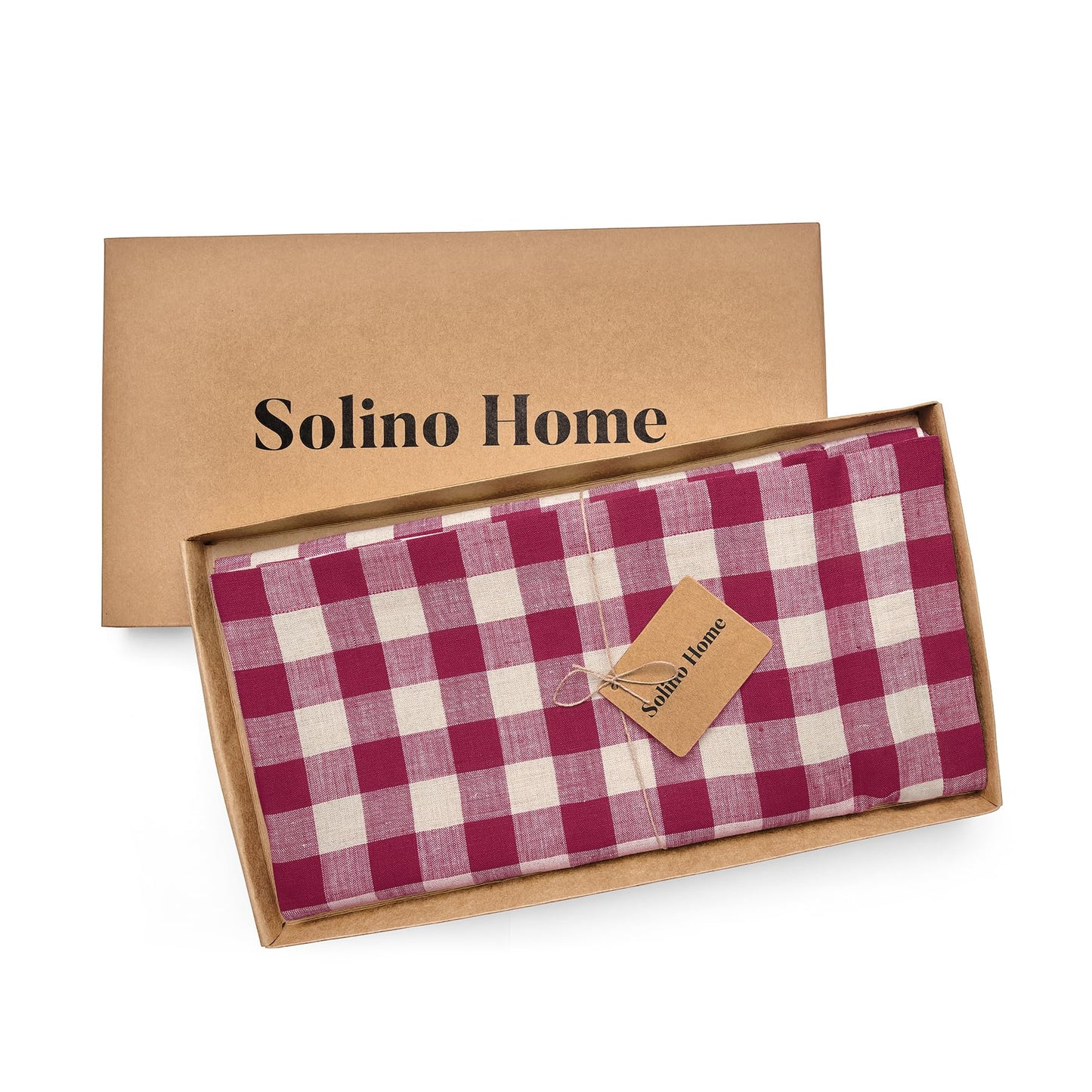 Solino Home Linen Tablecloth 52 x 52 Inch - 100% Pure Linen Beet and Cream Square Table Throw - Morgan Check, Machine Washable Table Cloth for Winter, Valentines, Spring