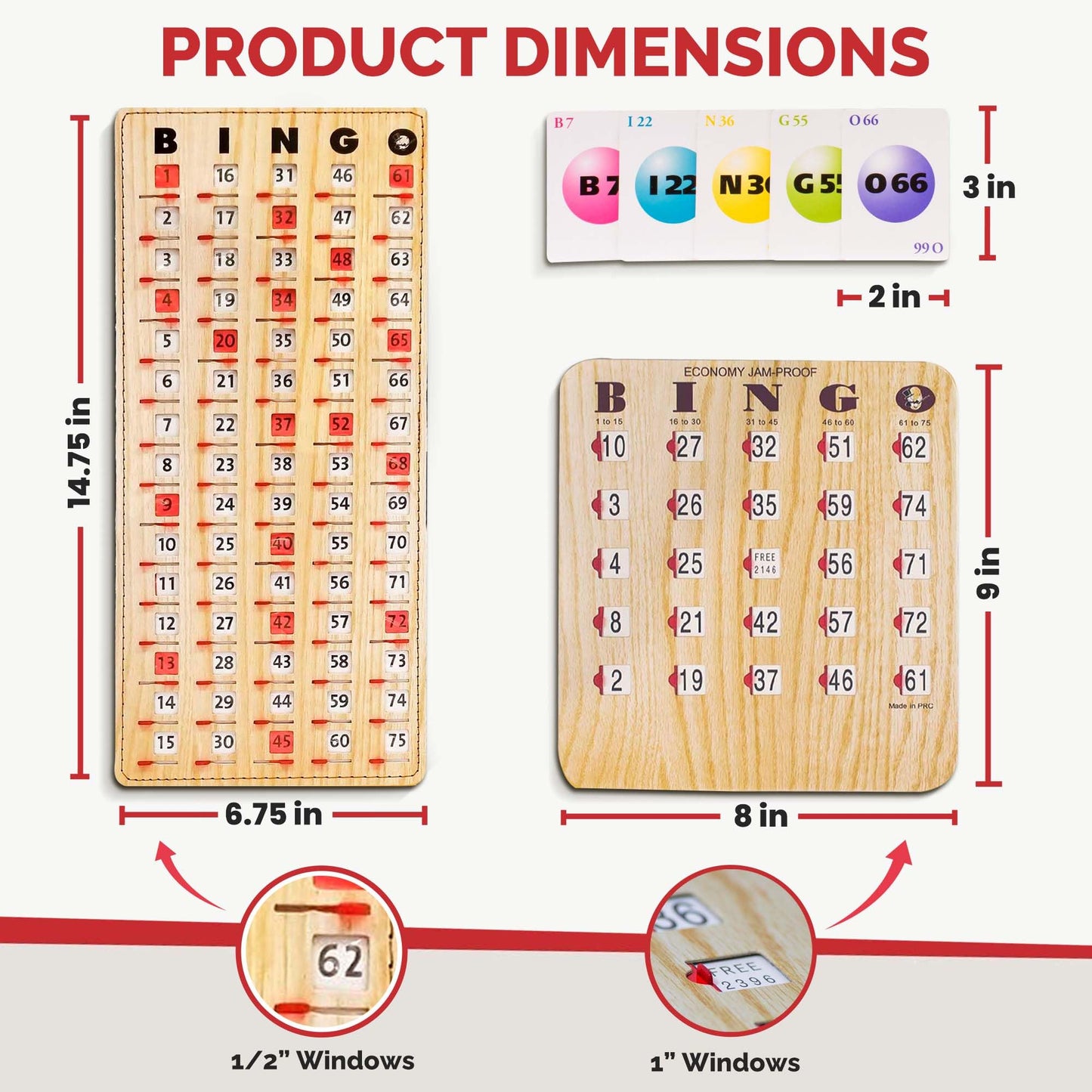 MR CHIPS Jam-Proof Bingo Cards with Sliding Windows, 50 Reusable Shutter Cards, 75 Calling Cards 1 Master Board in Tan Woodgrain Style