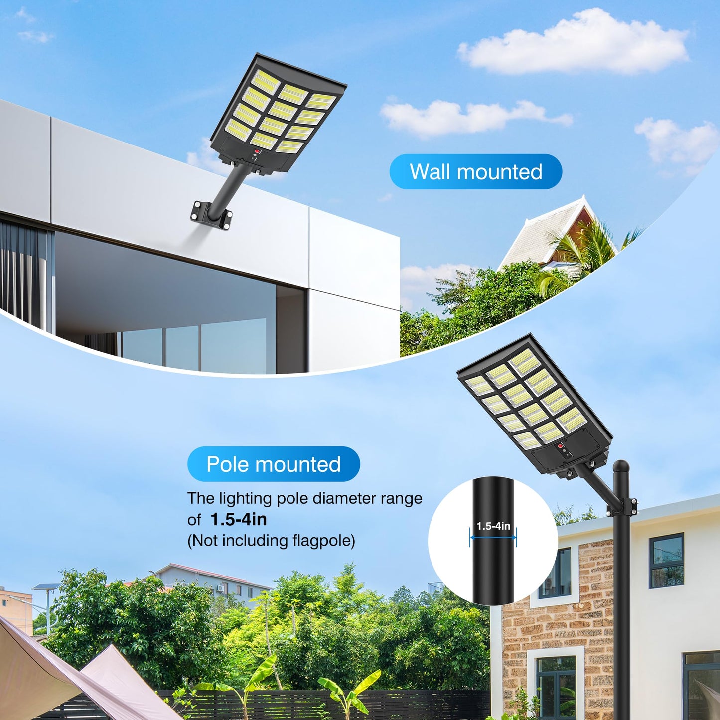 5000W Solar Street Light, Wide Angle Solar Lights Outdoor IP66 Waterproof, 6500K Dusk to Dawn, LED Security Flood Light with Motion Sensor and Remote Control for Residential Commercial Yard