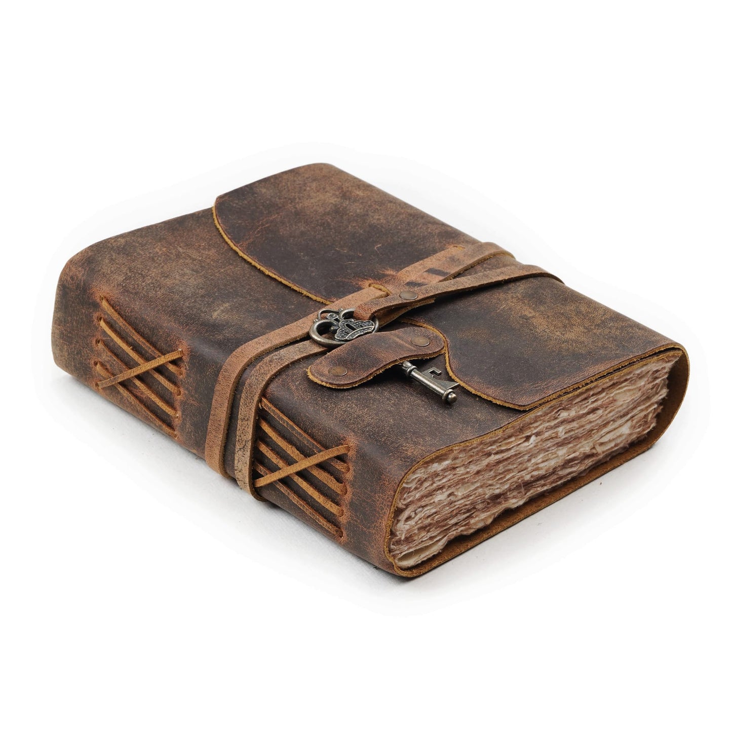 LEATHER VILLAGE Vintage Leather Journal – 200 Handmade Vintage Deckle Edge Paper – Leather bound Journal For Women Men – Vintage Key Closure - Book of Shadows - Cappuccino Brown - 13X8 inches