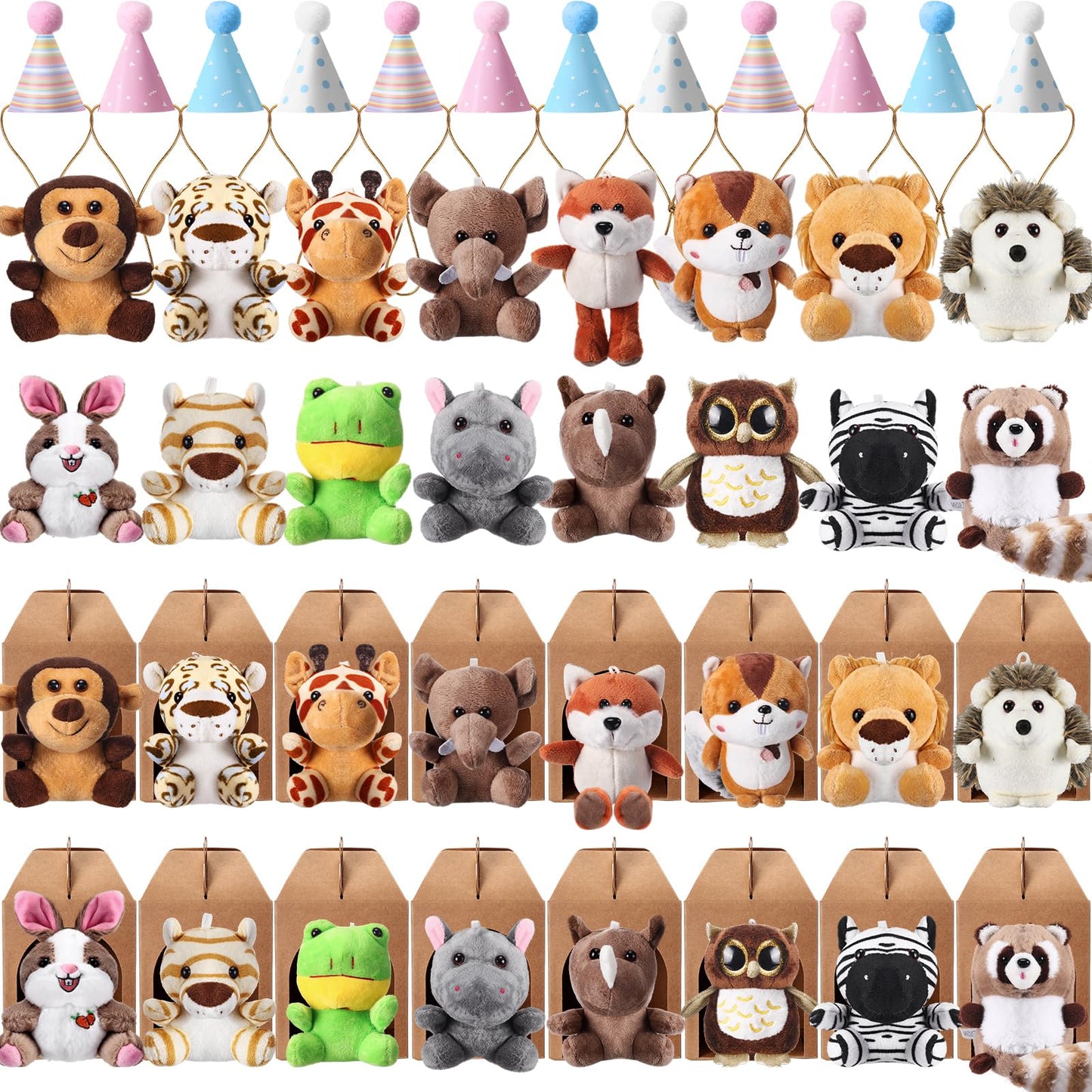 Seenelling 48 Pcs Mini Safari Plush Animals Set Forest Stuffed Toys Adopt a Pet Party Favors Jungle Animal Plush Toys with Birthday Hats Paper Boxes for Animal Theme Favor Birthday Party Gift