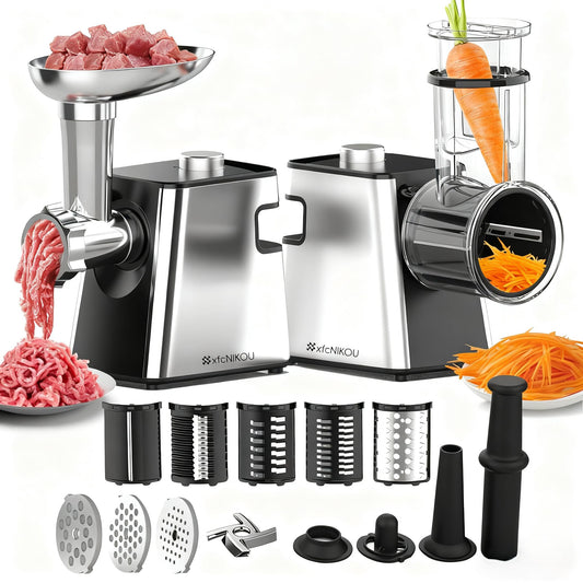 XFCNIKOU Electric Meat Grinder, Cheese Grater, 2800W Max Stainless Steel Veggie Shredder, Vegetable Cutter with 5 Slice Blades, 3 Grinding Plates, Sausage Stuffer & Kubbe Kit, for Home Kitchen Use