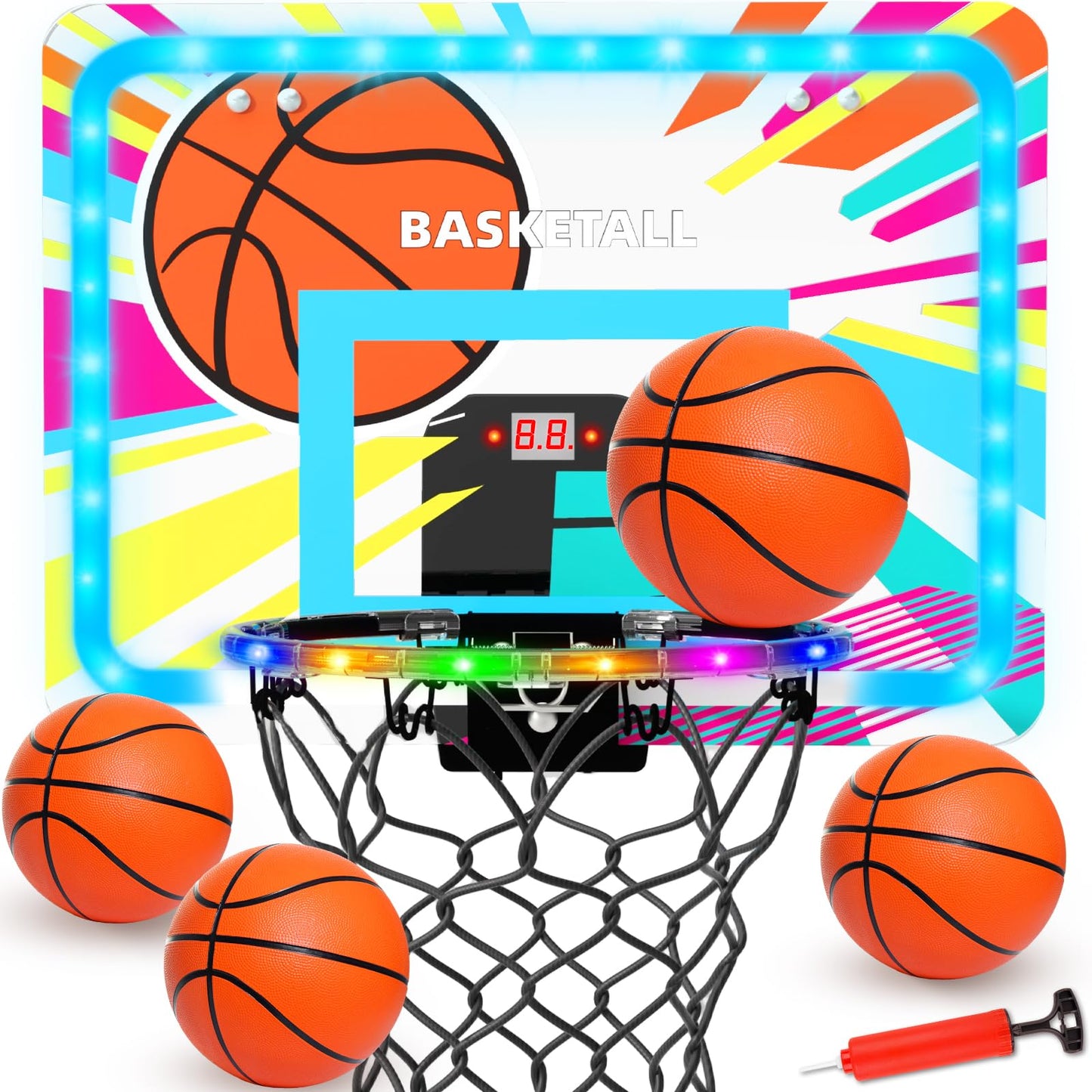 Indoor Basketball Hoop for Kids, Over The Door Basketball Hoop with Scoreboard, Foldable Breakaway Rim & 4 Balls, Mini Hoop Door Room Goal, Basketball Toys Gifts for 4-12 Year Old Boys Girls Teens