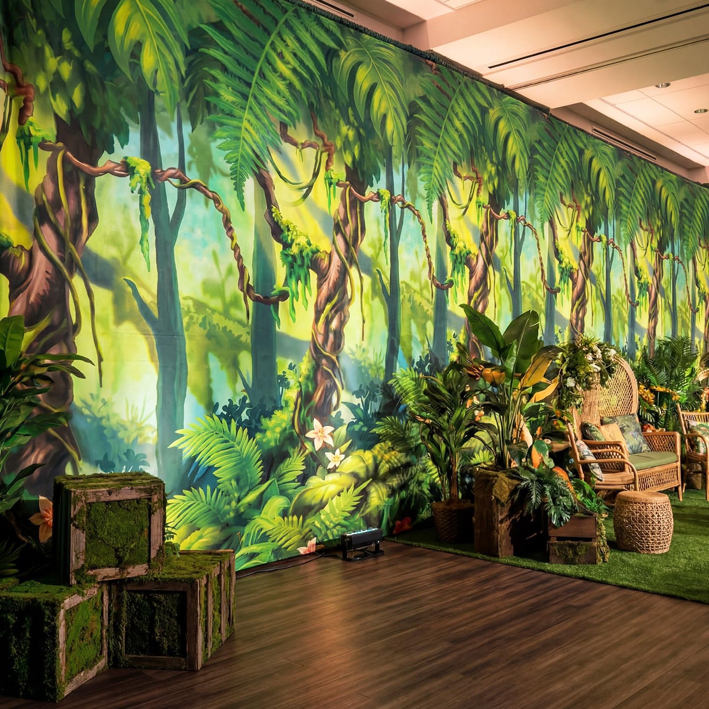Oudain 54 Inch x 100 ft Rainforest Jungle Trees VBS 2026 Photo Wall Backdrop Tablecloth Roll with Cutter Box, Plastic Tablecloth for Rainforest Greenery Background Tropical Jungle Party Decor
