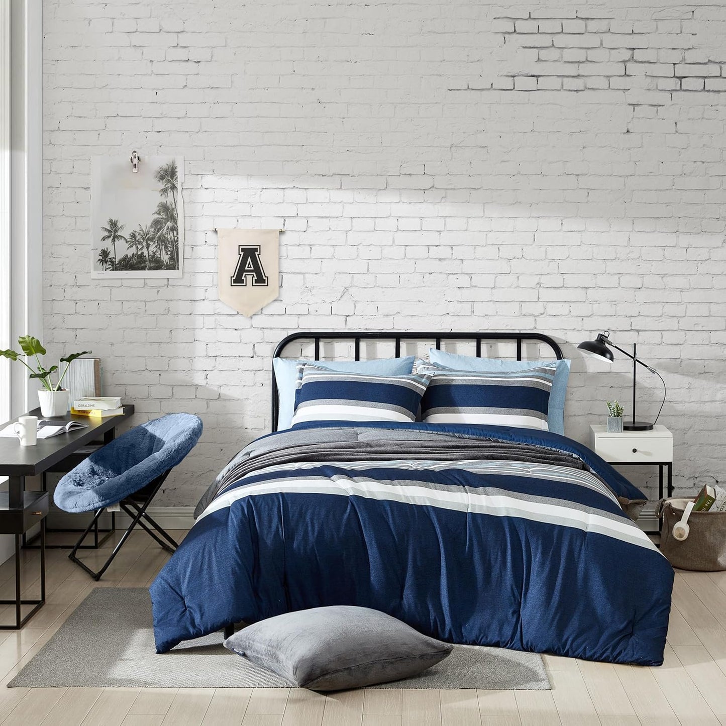 Nautica - Twin/Twin XL Comforter Set, Ultra-Soft Brushed Microfiber Bedding with Matching Sham, Reversible Blue Stripe Design, Medium Weight for Year-Round Comfort (Heathered Block Blue)