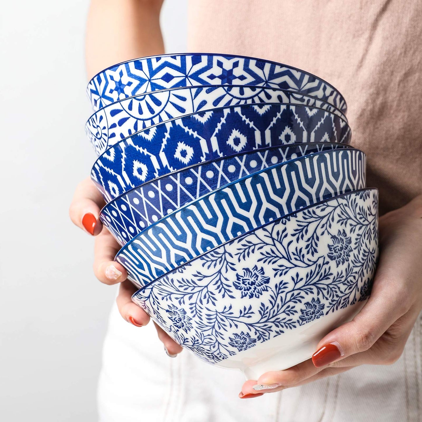 Selamica Blue and White Porcelain 20oz Cereal Bowl Set - Set of 6, 6 inch Soup Bowls, Ceramic bowls for Cereal, Soup, Salad and Pasta, Vintage Blue