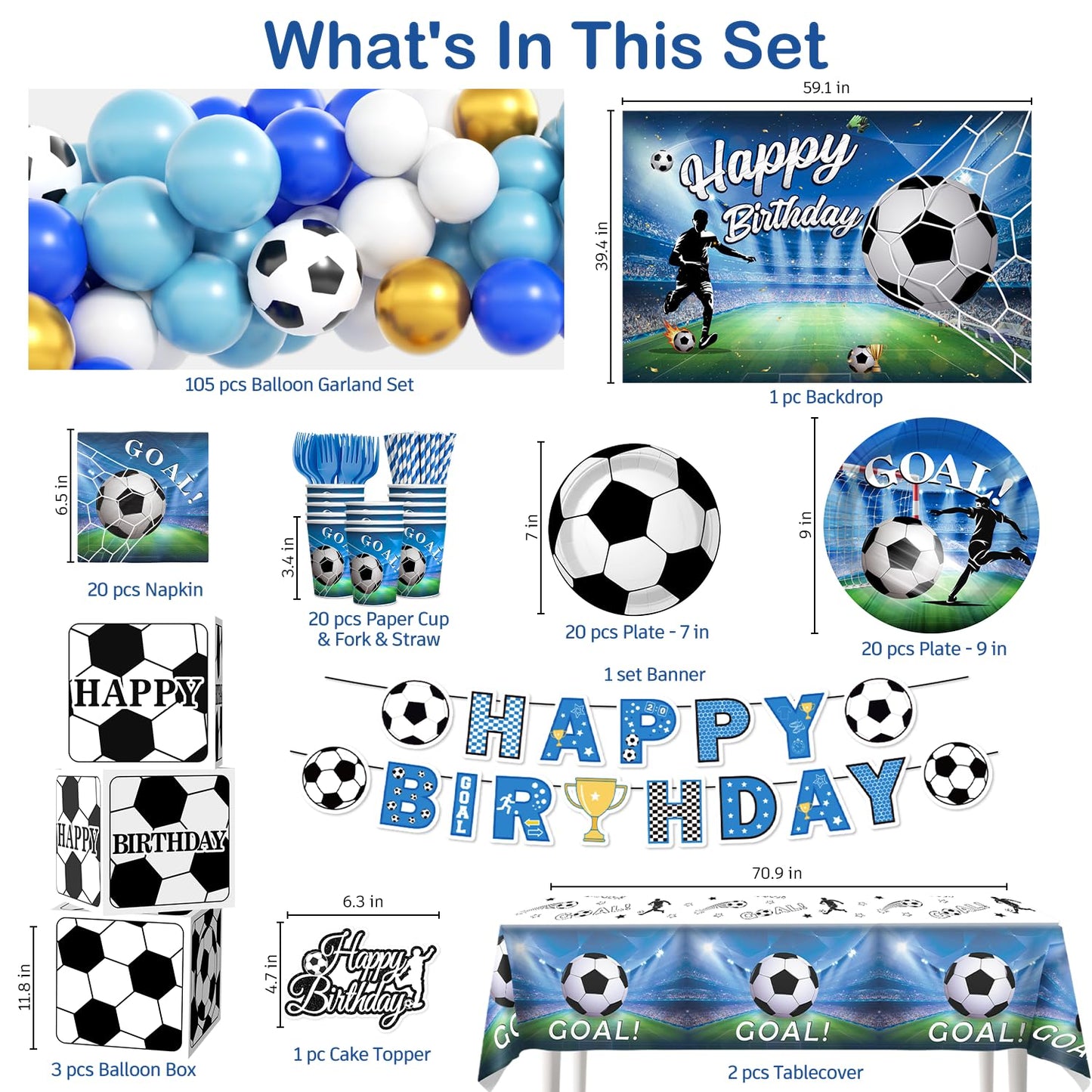 Soccer Birthday Party Decorations, All-in-1 Supplies Pack, Includes Plates and Napkins, Backdrop, Tablecloth, Balloon Kit for Blue Soccer Theme Party Decorations