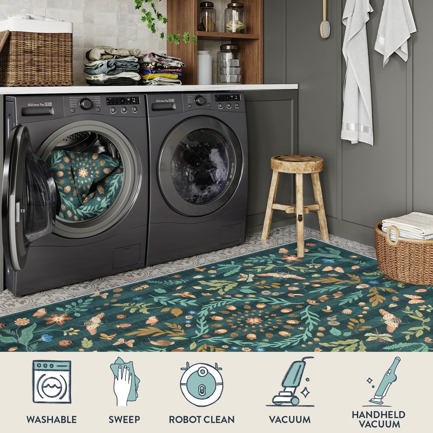 Lahome Insect Botanical Washable 5x7 Area Rugs for Living Room, Non Slip Green Rug for Bedroom, Boho Indoor Throw Dining Room Carpet for Under Table Entryway Kitchen Office(Dark Green,5x7)