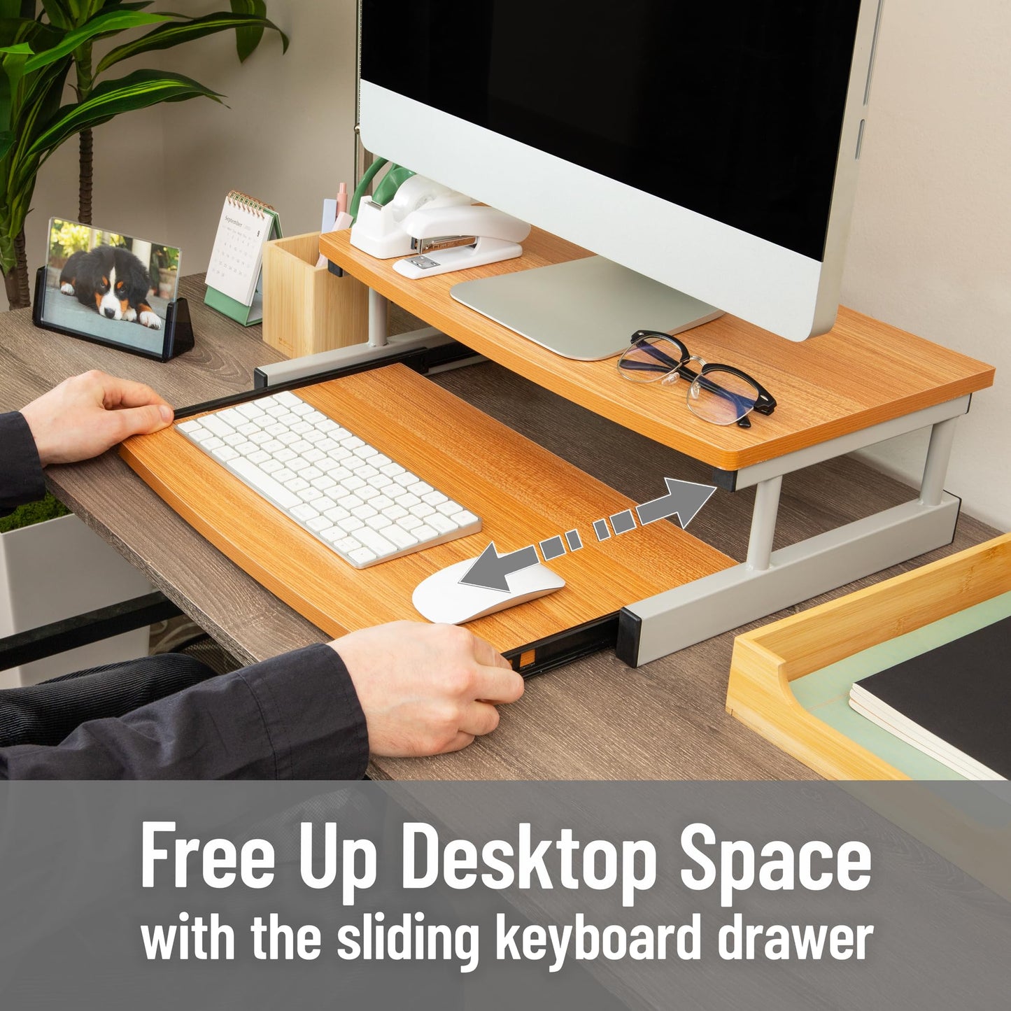 Mind Reader Monitor Stand, Sliding Keyboard Drawer, Laptop, Riser, Office, Wood/Metal, 20"L x 14.75"W x 5.9"H, Brown, Silver
