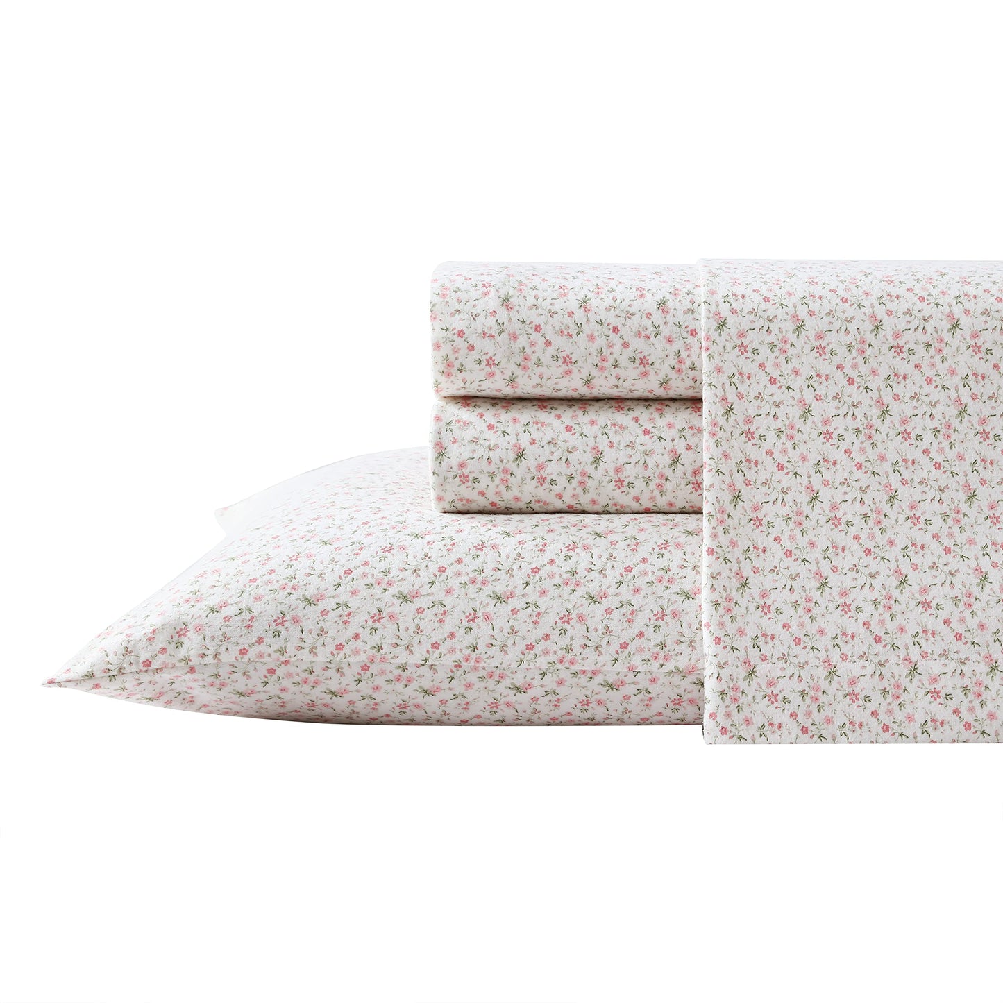 Laura Ashley Home - King Sheets, Cotton Flannel Bedding Set,4 pcs, Brushed for Extra Softness & Comfort (Evie Pink, King), Evie Pink/Green/White