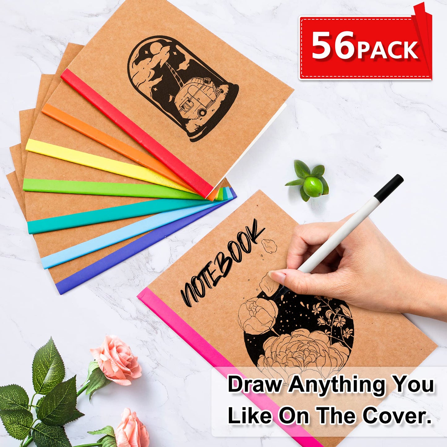 feela 56 Pack Composition Notebooks Bulk, Kraft Cover Lined Blank College Ruled Composition Travel Journals with Rainbow Spines For Women Students Business, 60 Pages, 8.3”x 5.5”, A5, 8 Colors