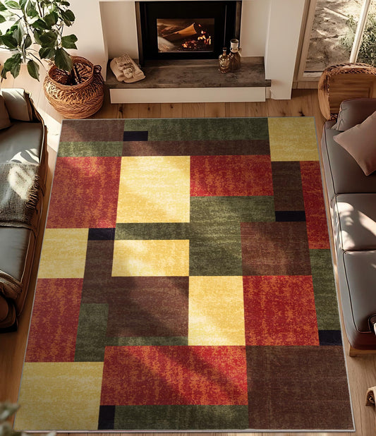 YIHOUSE Red and Green Area Rug 6x9 for Living Room,Burgundy Farmhouse Rugs Washable, Burnt Orange Vintage Rug Non Slip,Geometric Boho Area Rug for Kitchen,Dining Room,Bedroom