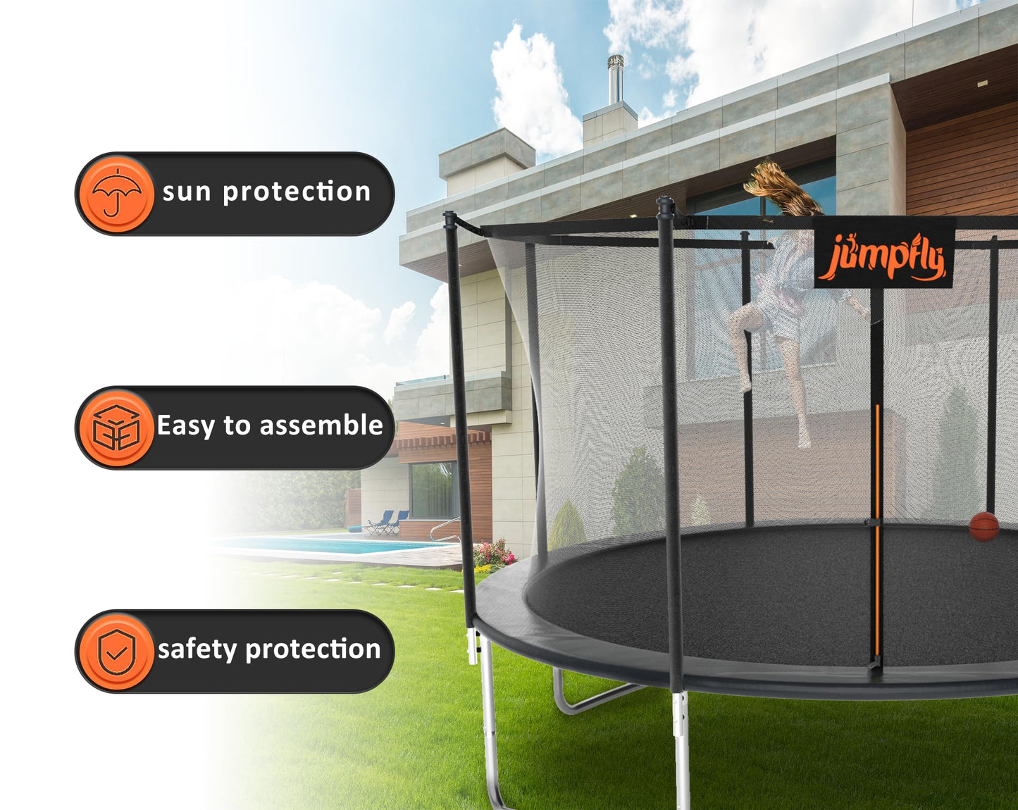 jumpfly 14FT Trampoline Net,Trampolines Replacement Safety Enclosure Net,Fit for 8 Poles Round Frame Trampolines,Breathable & Weather-Resistant Trampoline Accessories with Adjustable Straps,Net Only