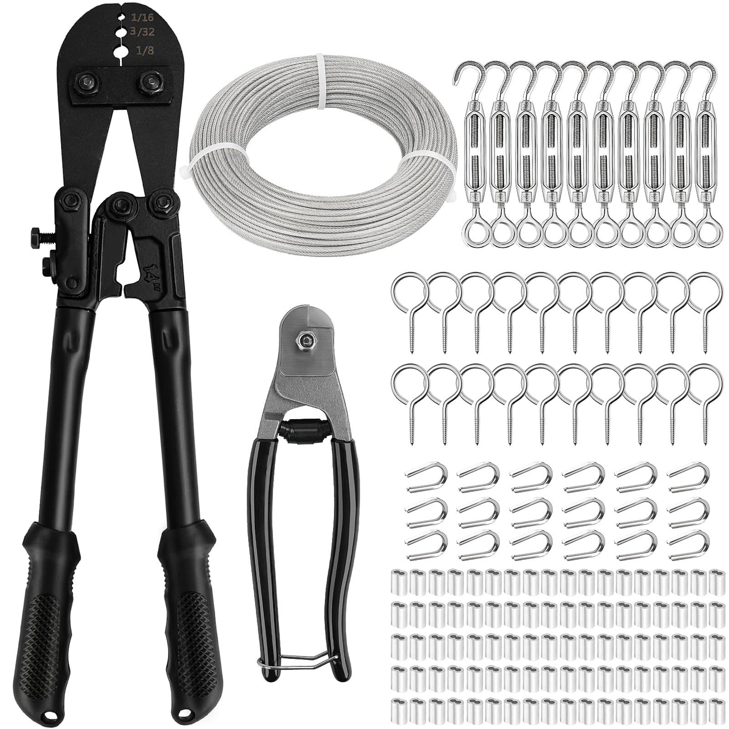 TooTaci 1/8" Stainless Steel Cable Wire Rope, 200ft Vinyl Coated Steel Cable with Wire Rope Crimping Tool & Cutter, Turnbuckles for Cables Wires, Hanging Clothes, String Lights Hanging