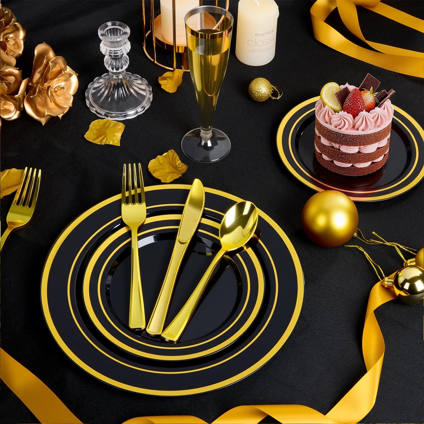 BESTVIP 200PCS Black Plastic Plate with Gold Rim, Disposable Party Plates with 100 Dinner Plates and 100 Dessert Plates, Plastic Plates for Party, Wedding and Birthday