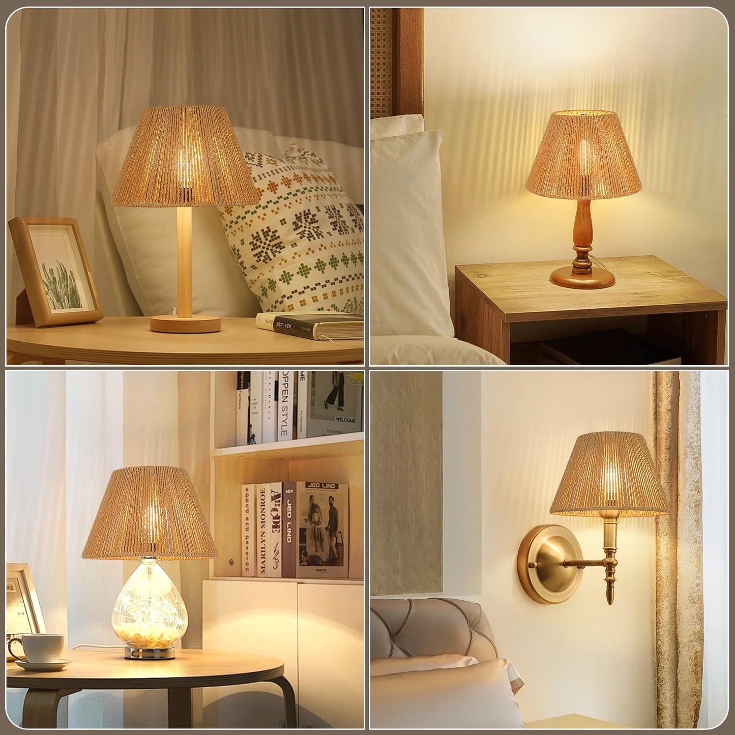 Small Rattan Lamp Shades Set of 2, Boho Lamp Shades for Table Lamps, 5.5" Top x 10" Bottom x 6.6" High, Wicker Lampshade Replacement for Bedroom, Hand Woven, Spider, Bulb Clip Adapters Included