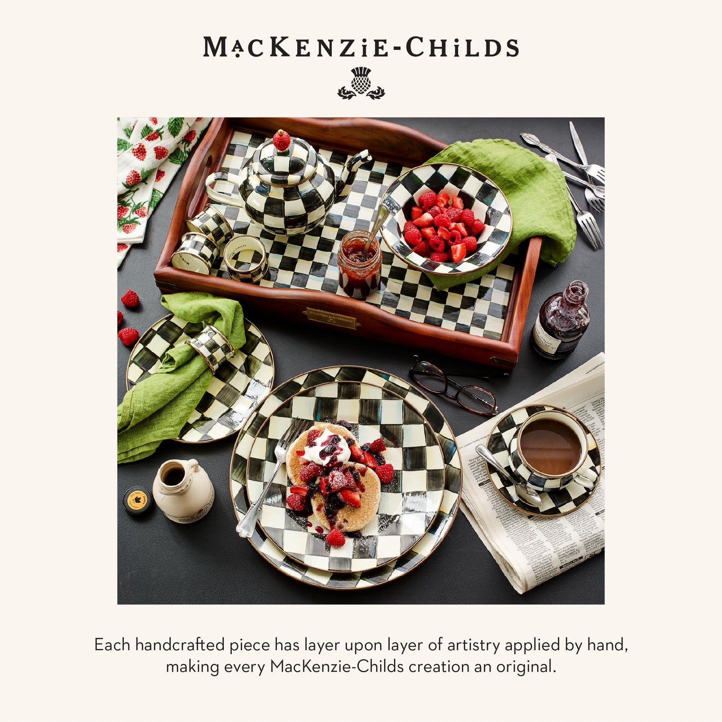 MACKENZIE-CHILDS Courtly Check Enamel Napkin-Ring Set, Black-and-White Napkin-Holder Ring for Cloth Napkins, Set of 4
