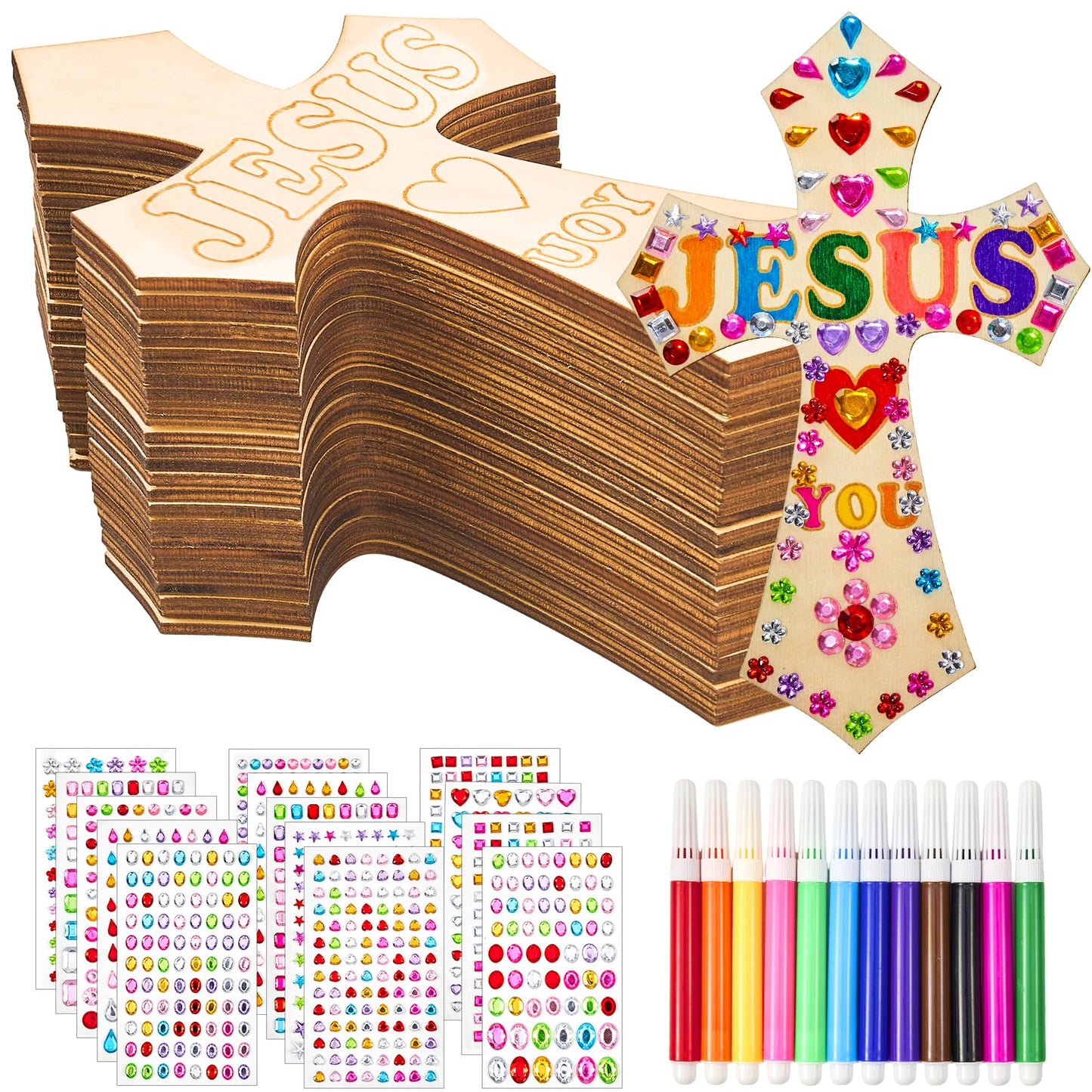 36 Sets DIY Wood Cross Crafts Unfinished Wood Cross Sunday School Vacation Bible School Supplies Include 36 Wood Cross with Stickers Color Pen for Church Activity Easter DIY (Exquisite Style)