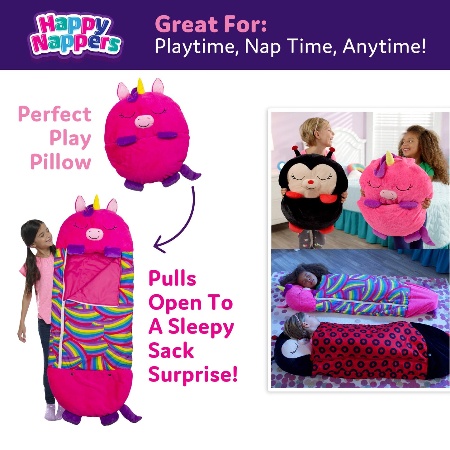 Happy Nappers Medium Unicorn Pink Pillow & Sleepy Sack- Comfy, Cozy, Compact, Super Soft, Warm, All Season, Sleeping Bag with Pillow