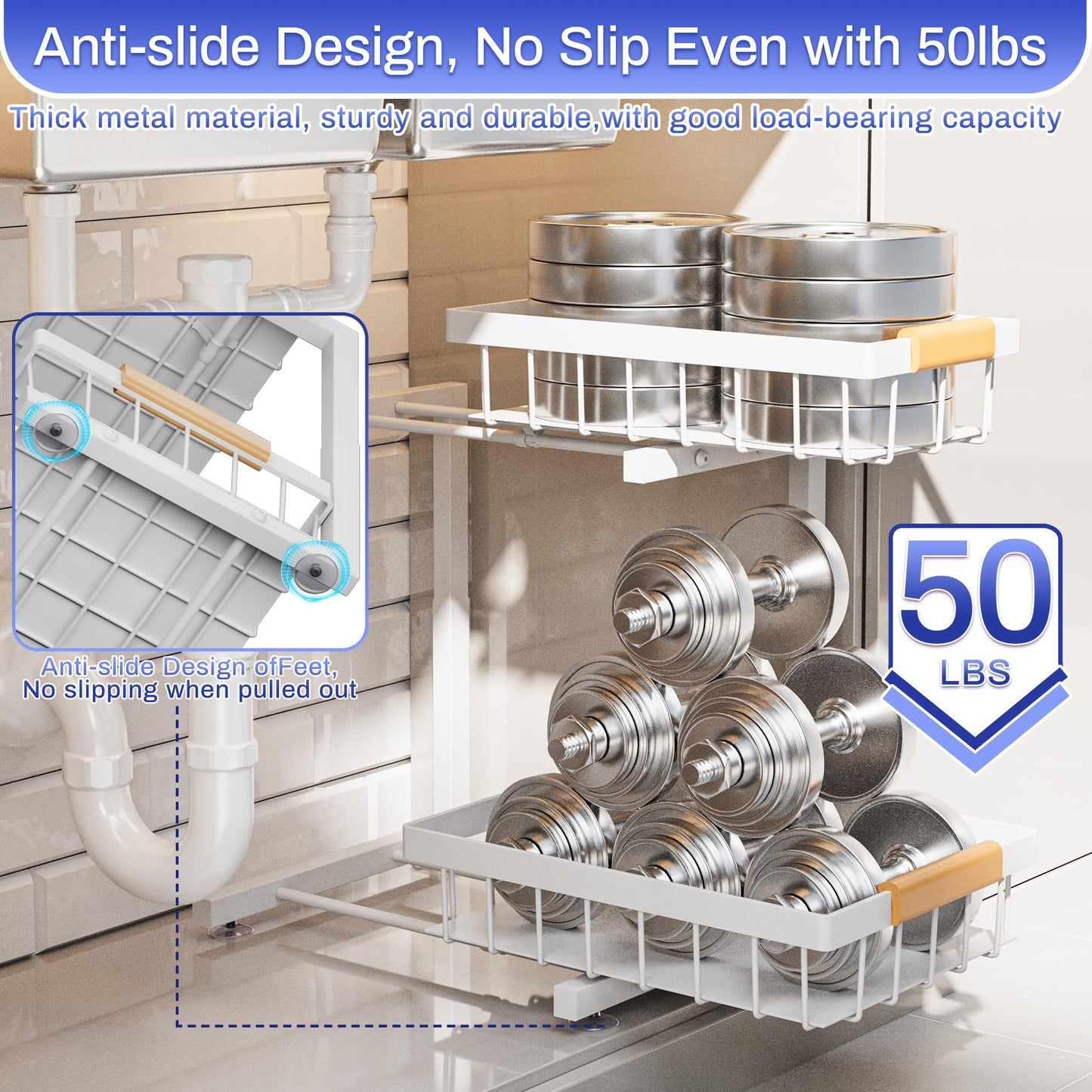 ADBIU 2 Pack Under Sink Organizers and Storage, Height Adjustable 2-Tier Pull Out Cabinet Organizer, Heavy Duty Slide Out Sink Shelf Drawer for Kitchen Bathroom Organization