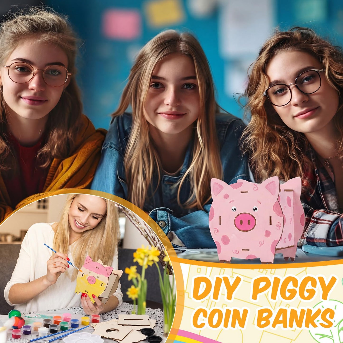 Weysat 12 Set DIY Wooden Piggy Banks Kit Unfinished Pig Coin Banks Craft with Paint Strips Brushes Palette Money Saving Box Small Change Container Art Craft Fo Birthday Home Festival Gift