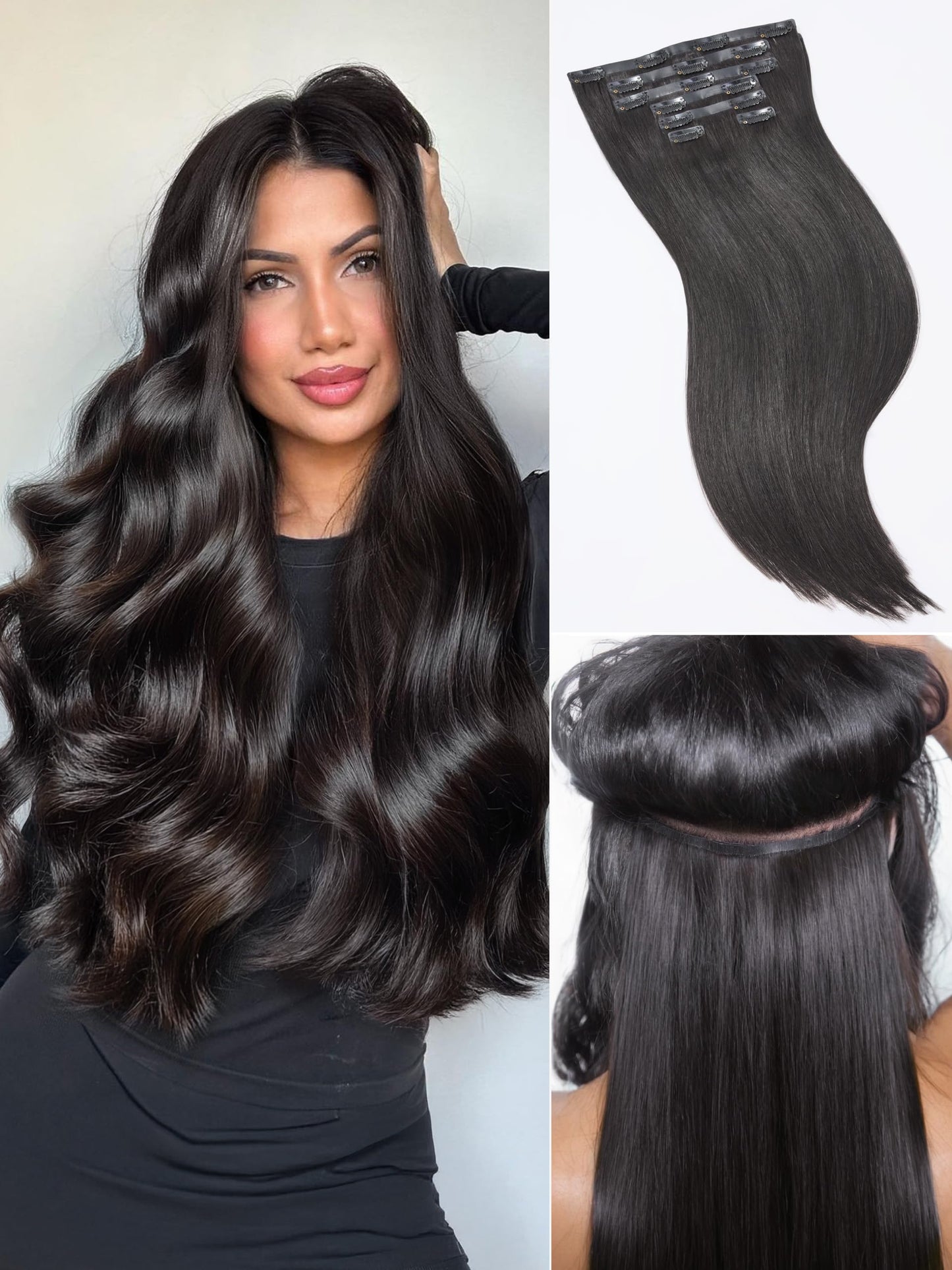 LUVME Straight Seamless 110g 7Pcs Clip in Hair Extensions Full Max with 18inch Remy Human Hair Extensions, Natural Black 100% Real Soft Human Hair Extensions