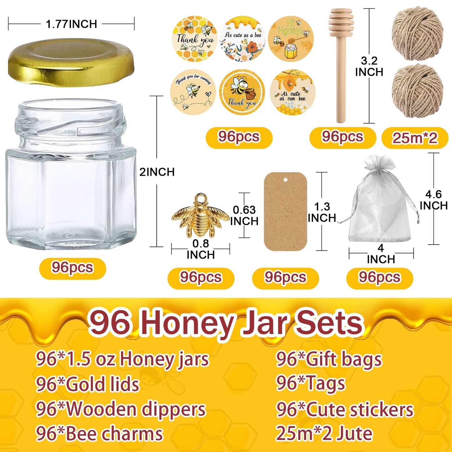 Aliggbent 96 Pack Mini Honey Jars Party Favors in Bulk, 1.5 oz Small Hexagon Glass Honey Jars with Dippers, Lids, Cute Stickers, Bee Charms, Gift Bags and Jute for Baby Showers, Weddings & Birthdays