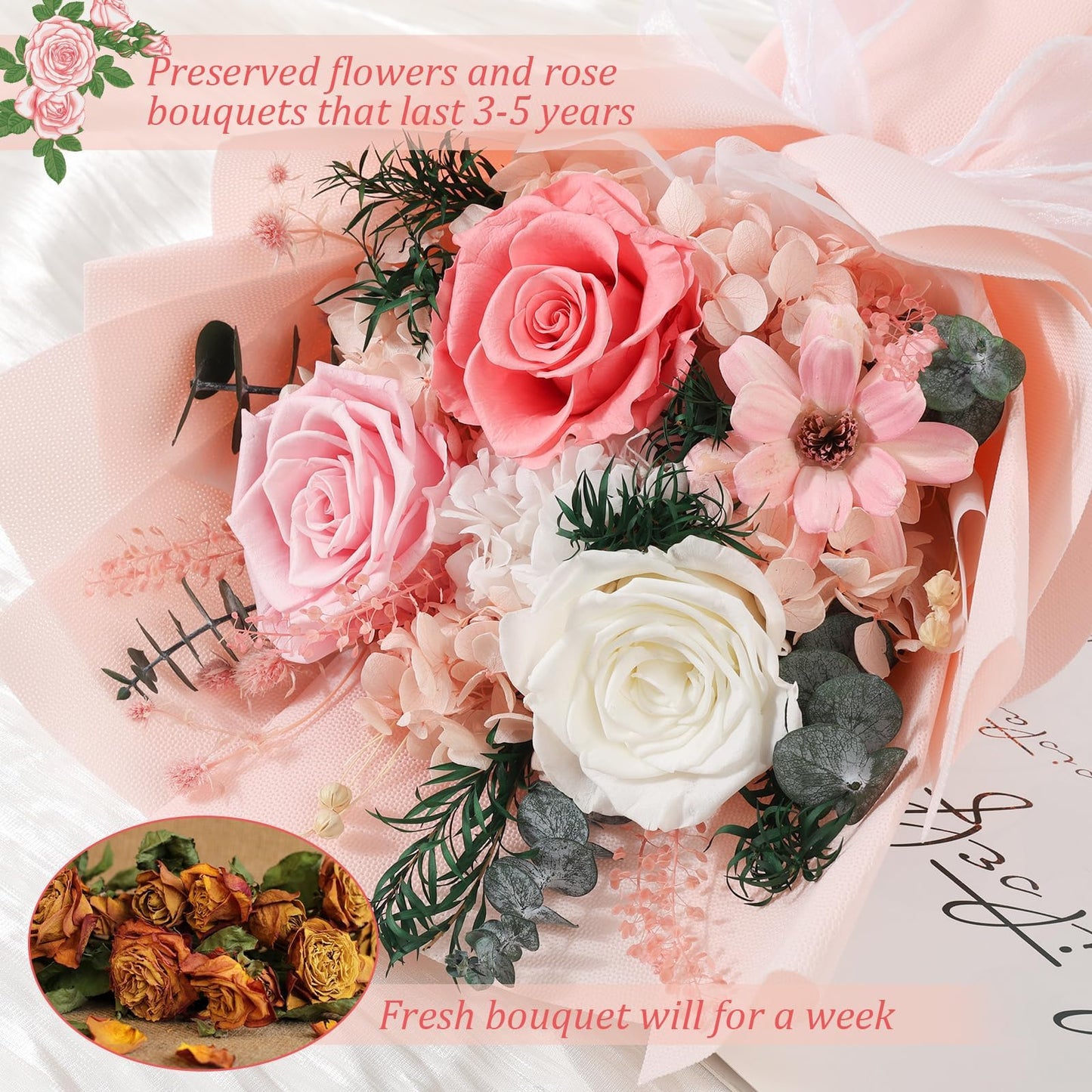 Flowers for Delivery Prime Preserved Flowers Bouquet with Vase That Last 3-5 Years Real Forever Flowers Pink Rose Bouquet for Mom Mother Women Wife Friends Birthday Mothers Day Gifts