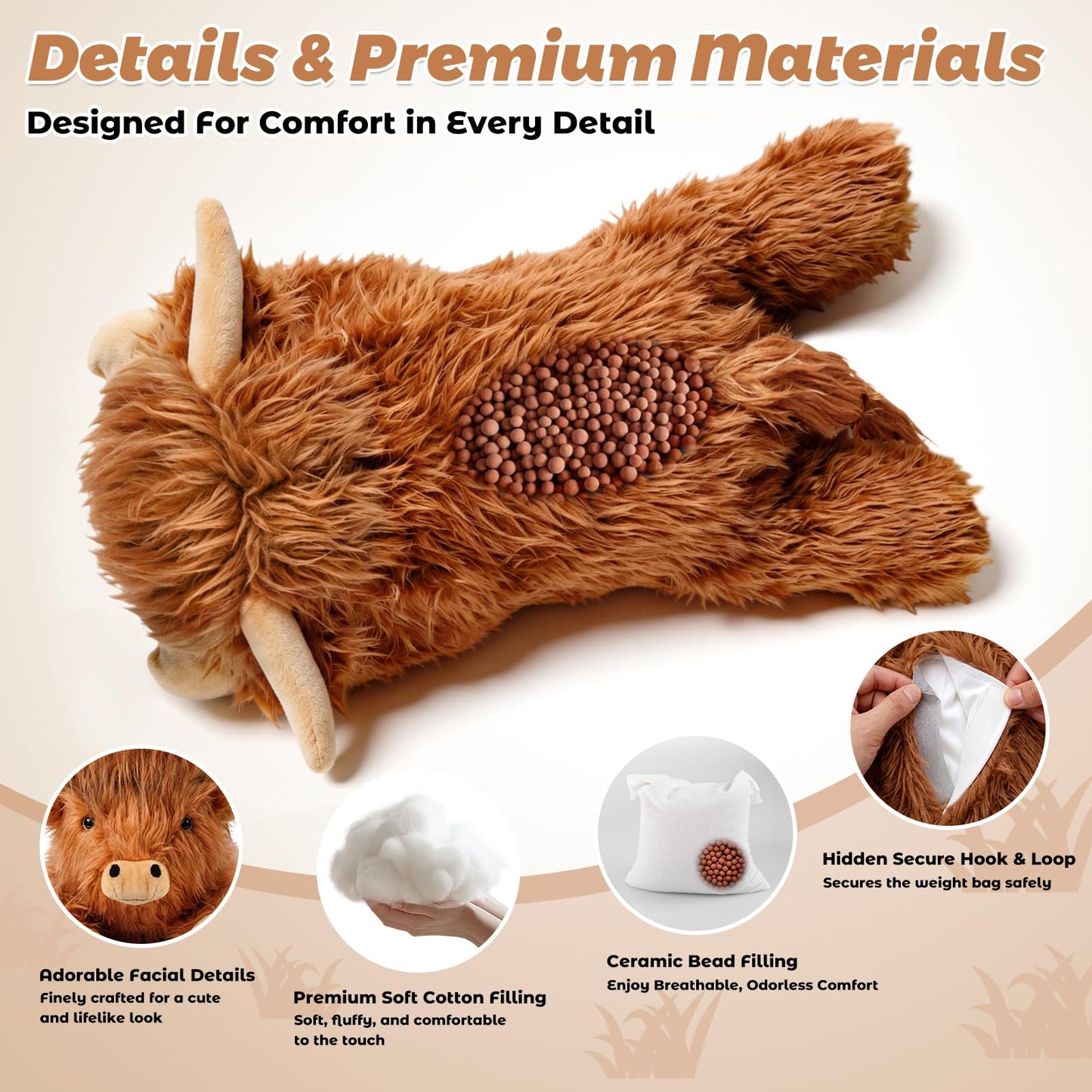 22" & 4.5 lbs Highland Cow Weighted Stuffed Animal for Anxiety, Cuddly & Soft Kids' Plush Toy Pillows for Companion, Large Plushies with Removable Ceramsite Bag, Gifts for Adults, Kids, Boys and Girl