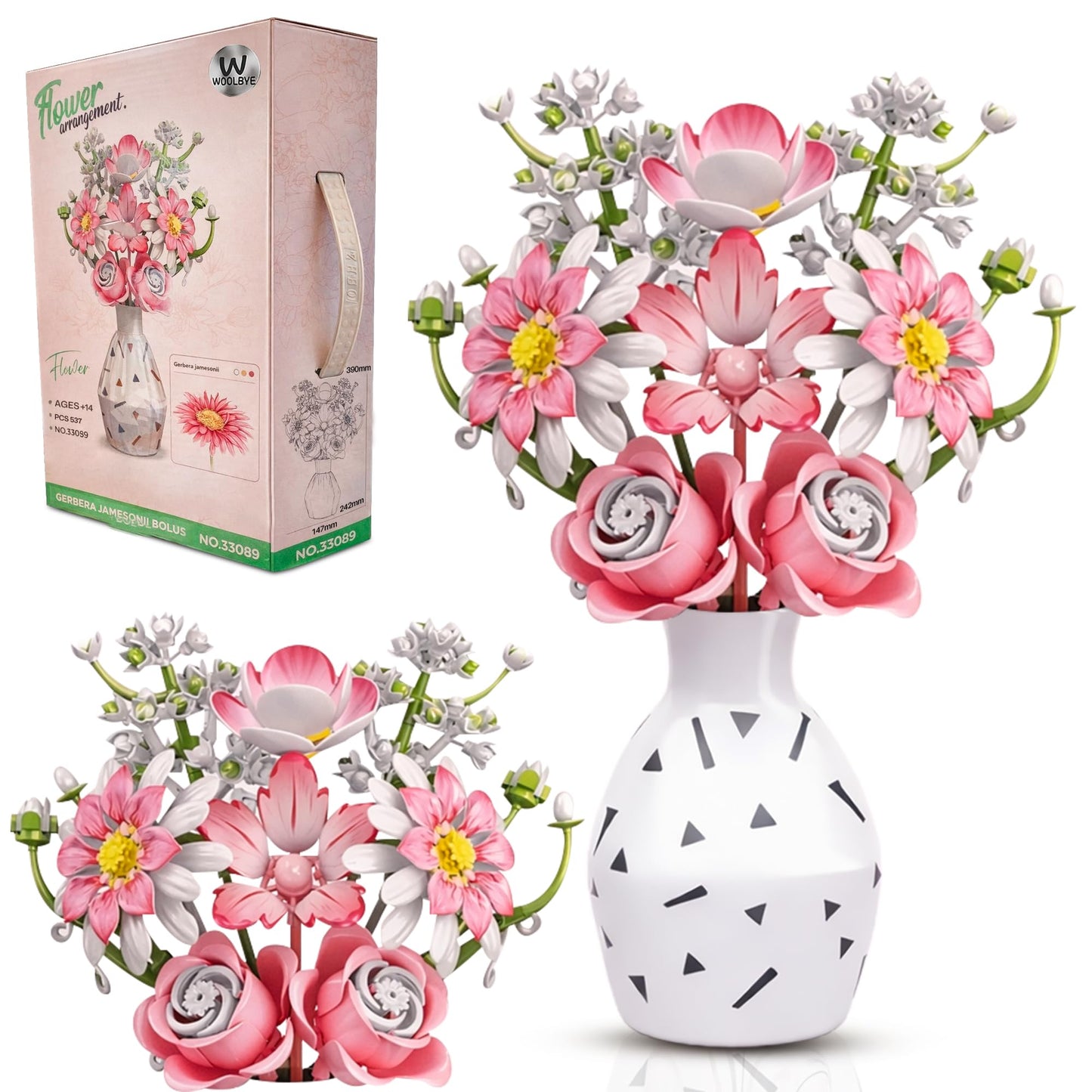 Woolbye Flower Building Set, Flower Gerbera Jamesonii Bolus Bouquet botanicals Collection Unique Home Décor or Office Décor Great Gift for Her and Him (VASE Included)