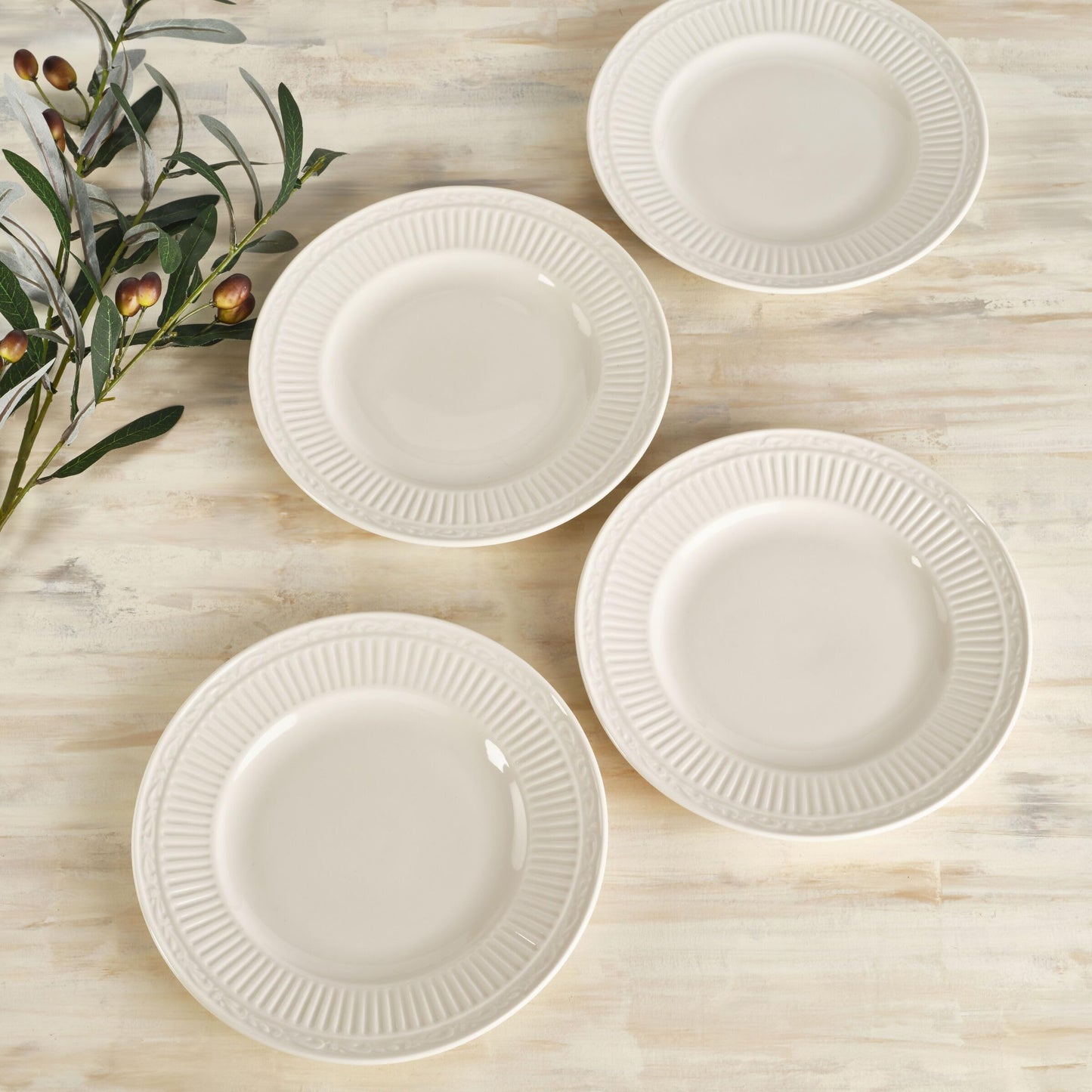 Mikasa Italian Countryside Set of 4 Porcelain Salad Plates, Classic Embossed White Plate Set, Microwave Dishwasher Safe, Cream, 8.25 Inch